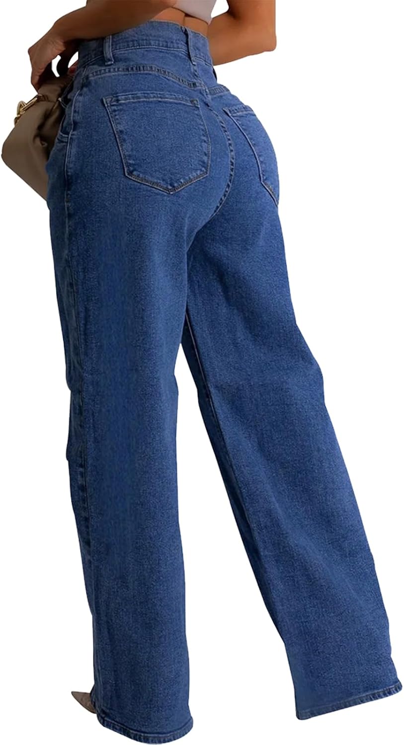 Women's High Rise Baggy Wide Leg Jeans Mid Wash