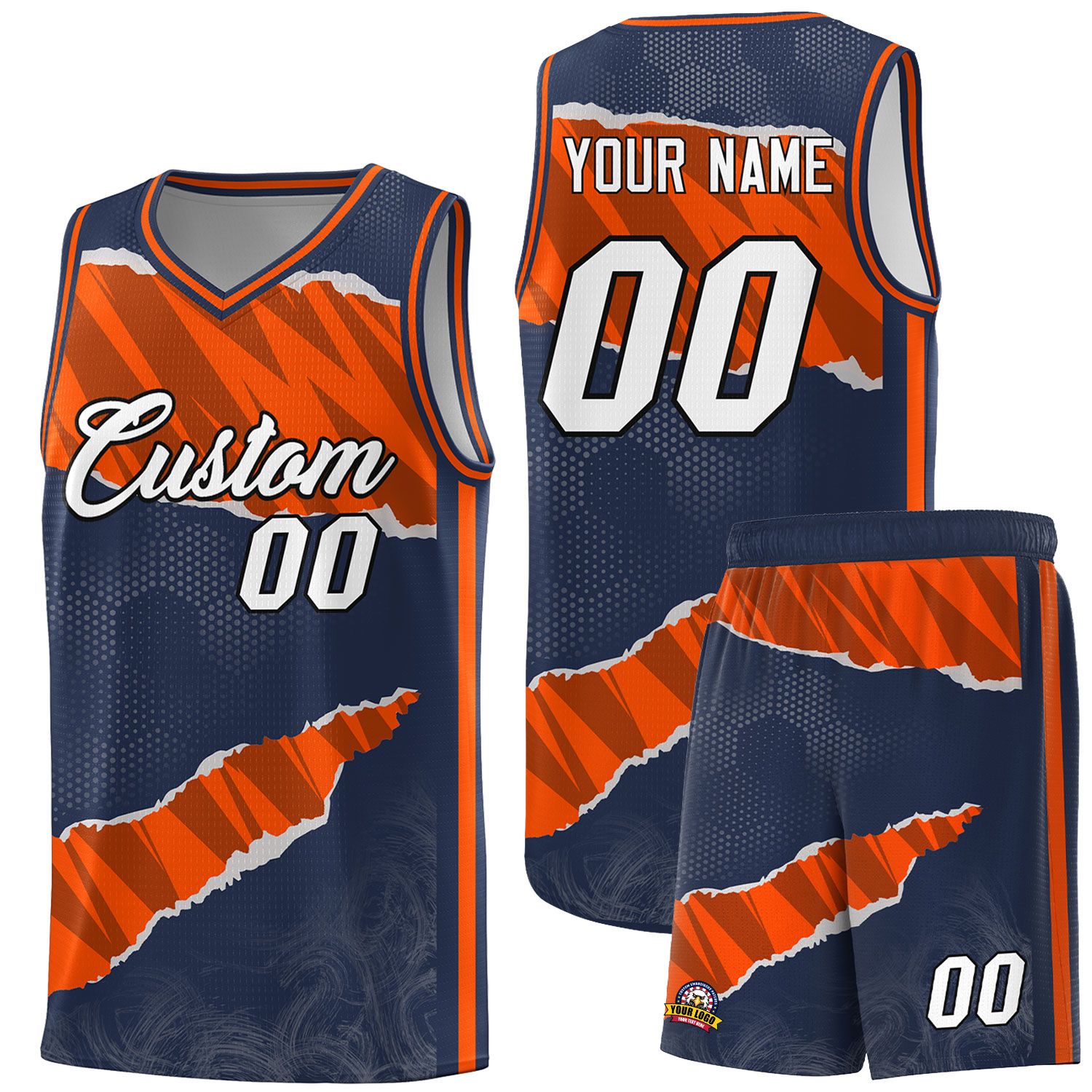 Benutzerdefiniertes Mitternachtsblau-Orange-Schwarz-Tränen-Graffiti-Muster-Sportuniform-Basketballtrikot