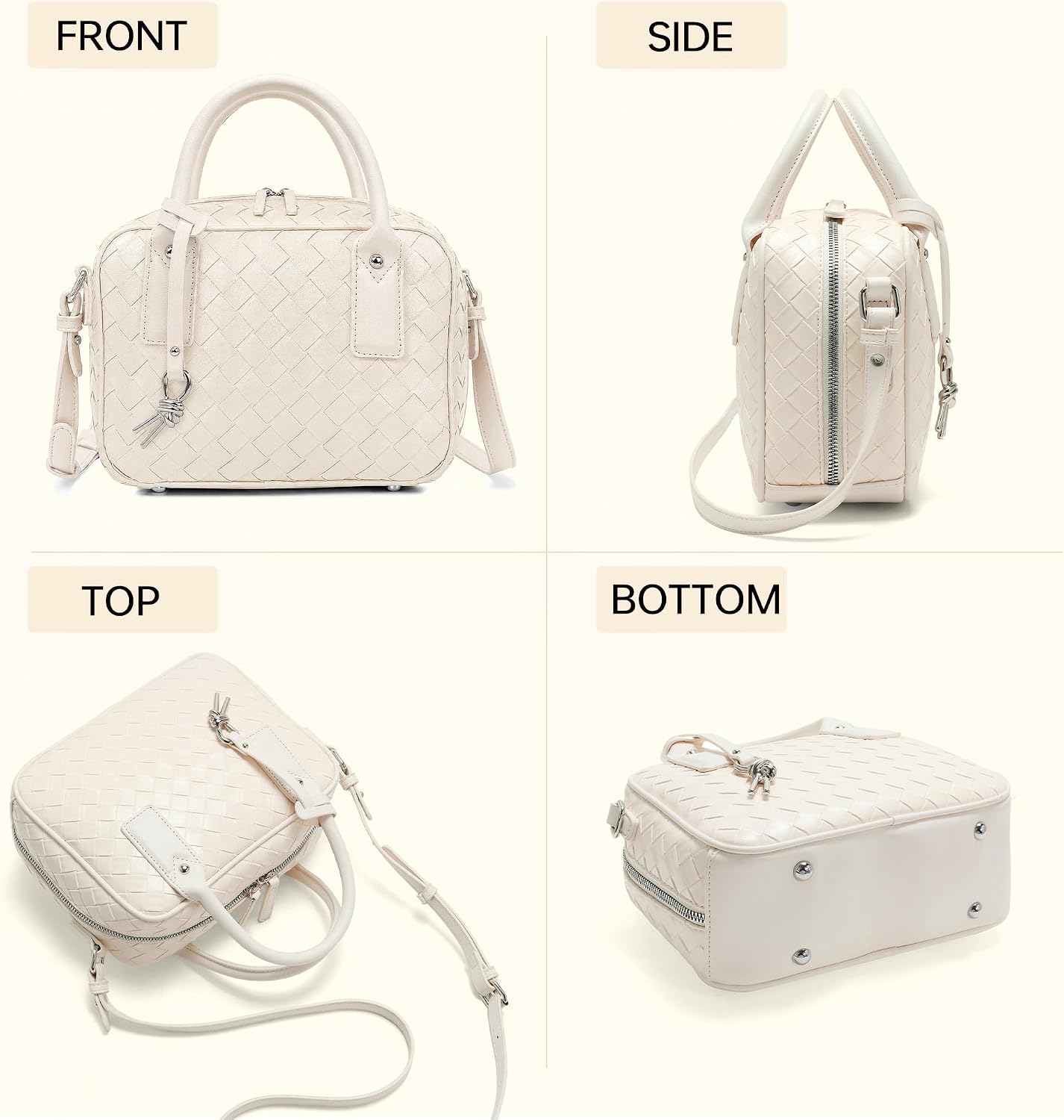 Women's Woven Vegan Leather Top-Handle Boston Bag, Cream