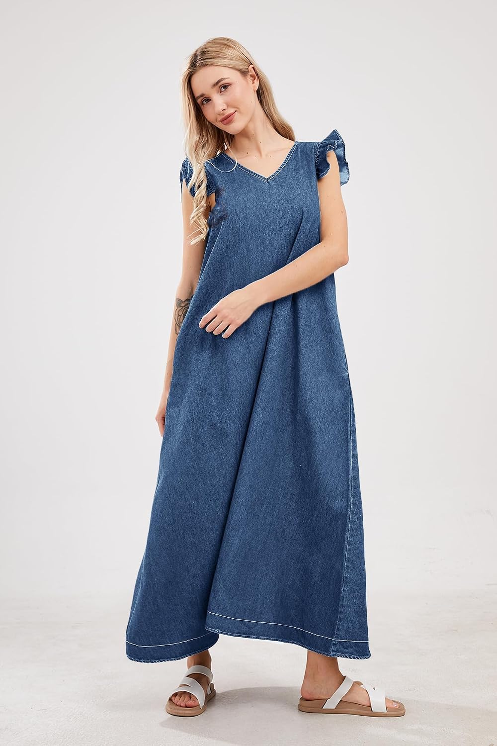 Womens Long Denim Dress Casual Fit Ruffle Sleeveless V-Neck Jean Maxi Dresses for Women