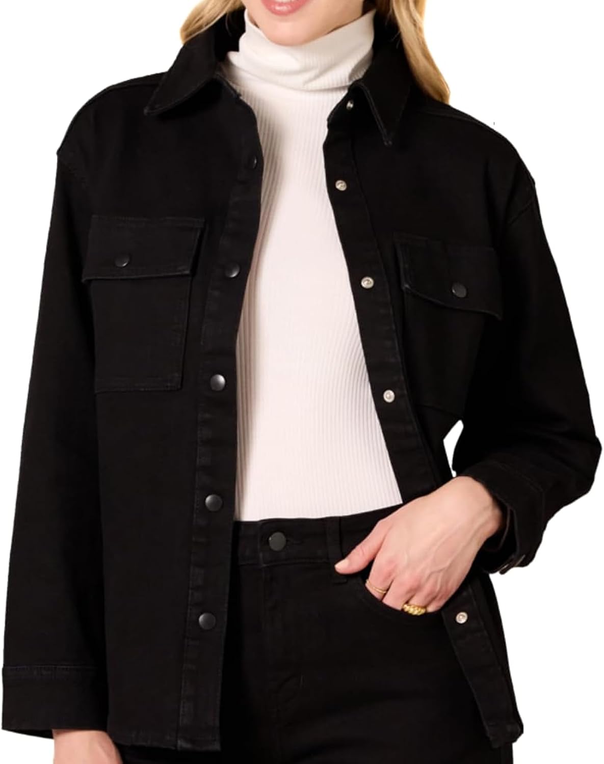Women's Oversized Denim Shirt Jacket Black with Pockets