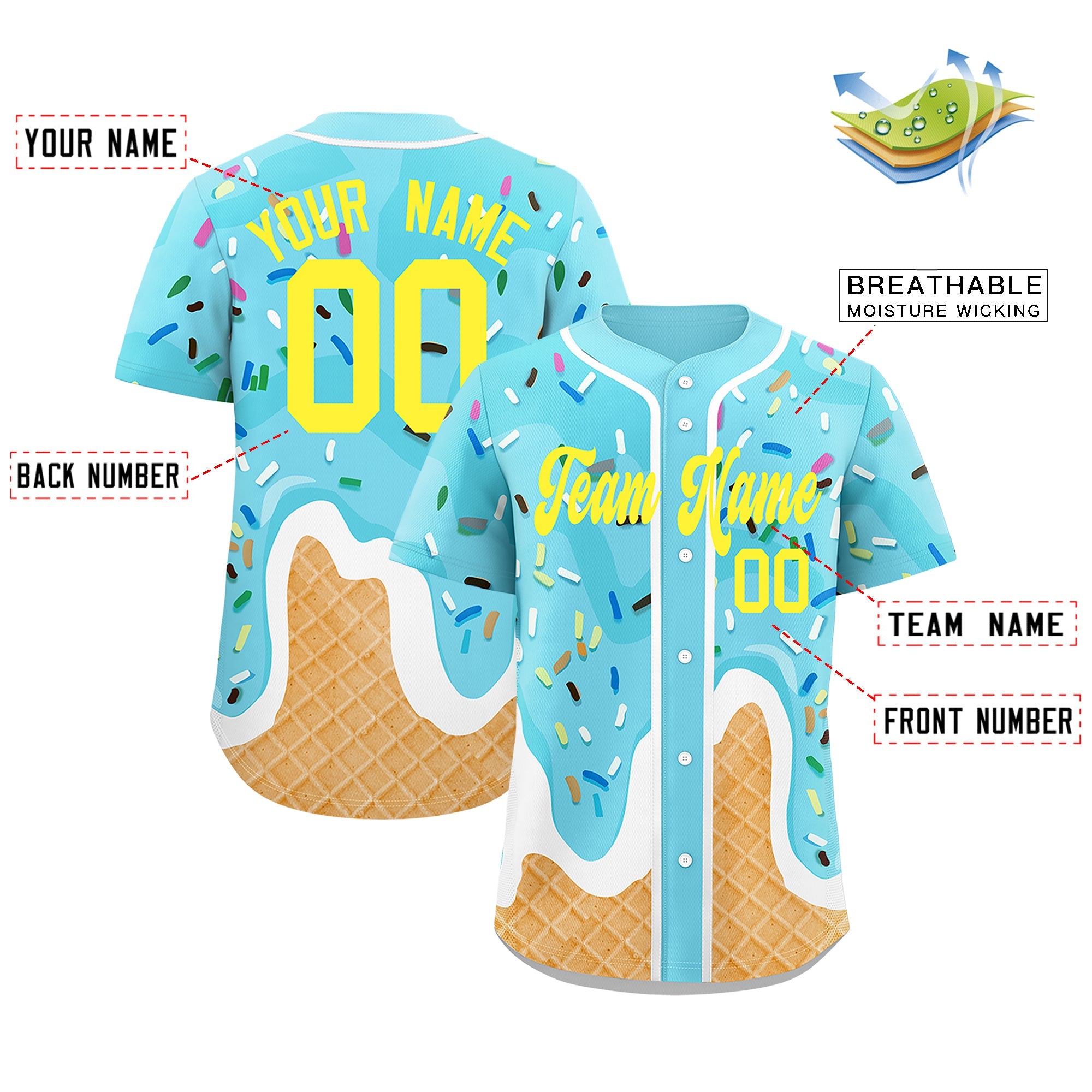 Von Fans angefertigtes, individuelles, modisches, authentisches Baseball-Trikot mit blauem Eistüte-Graffiti-Muster von Evan Neufang, das nachbestellt werden kann