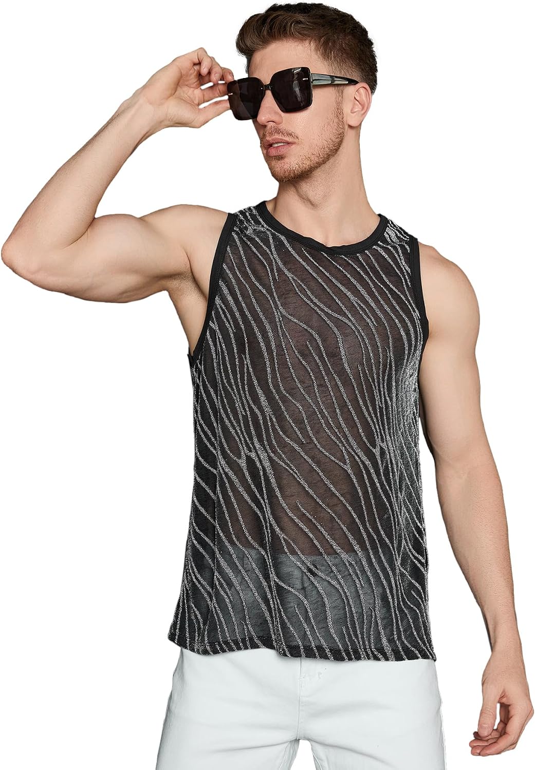 Men's Zebra Stripe Mesh Tank Top Black