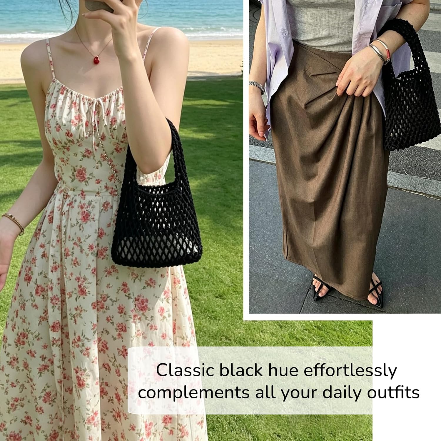 Women's Cotton Rope Mesh Tote Bag Black
