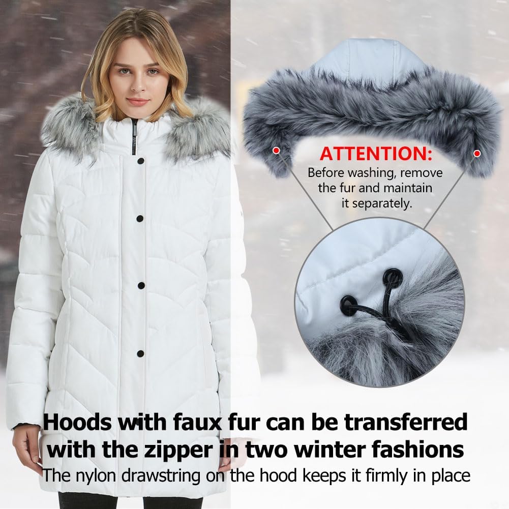 Women's Long Puffer Parka Coat Faux Fur Hood Pink