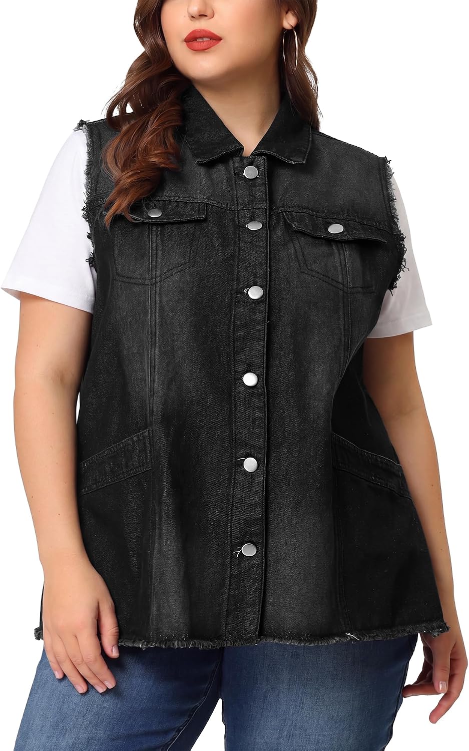 Women's Long Denim Vest Lapel Frayed Hem Washed Black