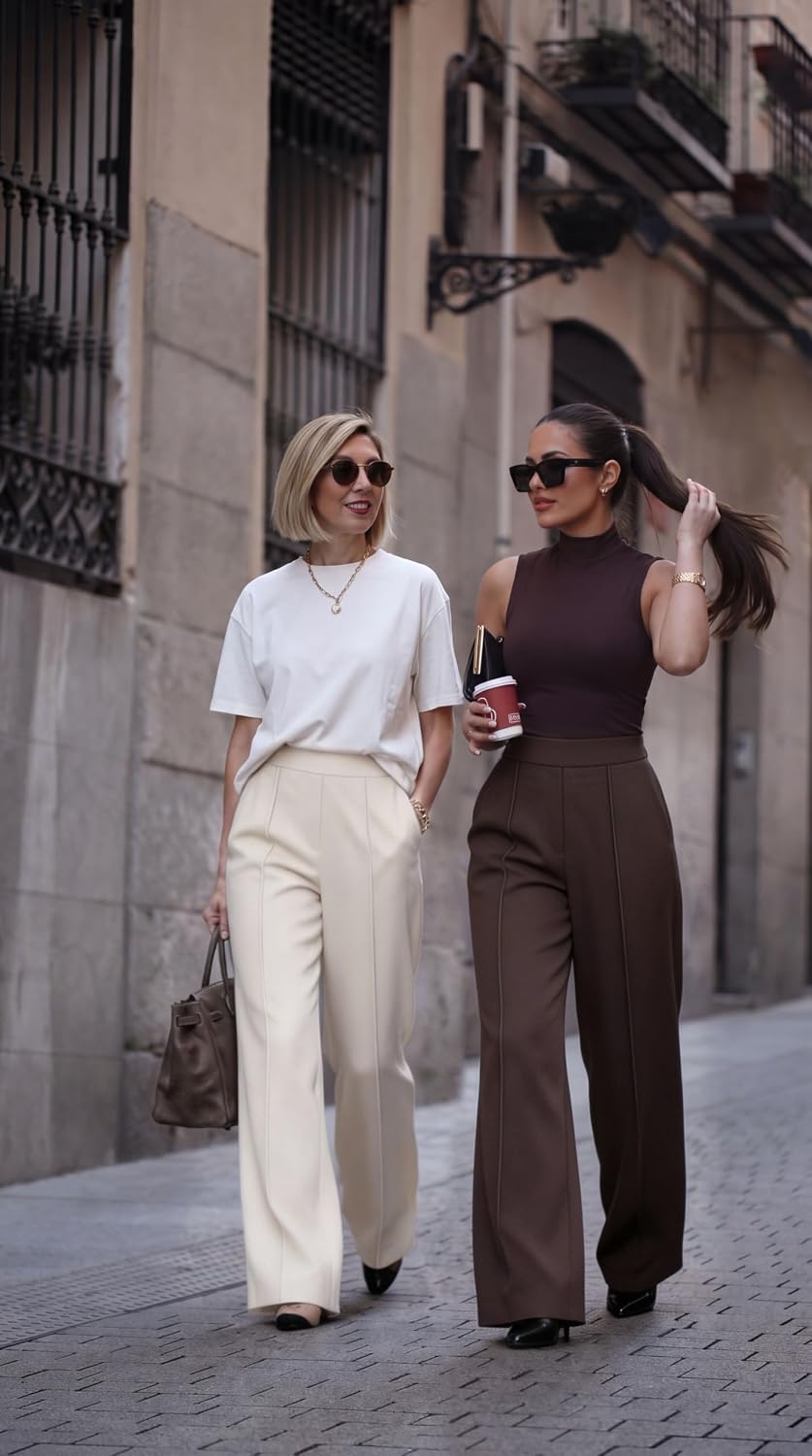 Womens Wide Leg Dress Pants High Waisted Pull On Work Trousers Business Casual Palazzo