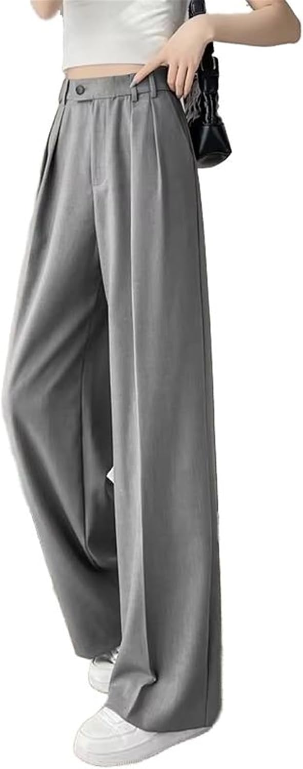 Women's Elegant Straight Trousers Button Wide Leg Pants with Pockets Spring Summer