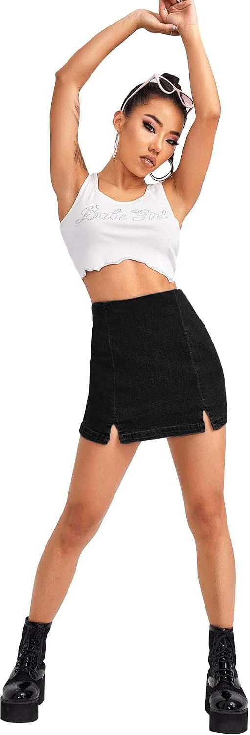 Women's High Waisted Denim Skort Black Split Hem