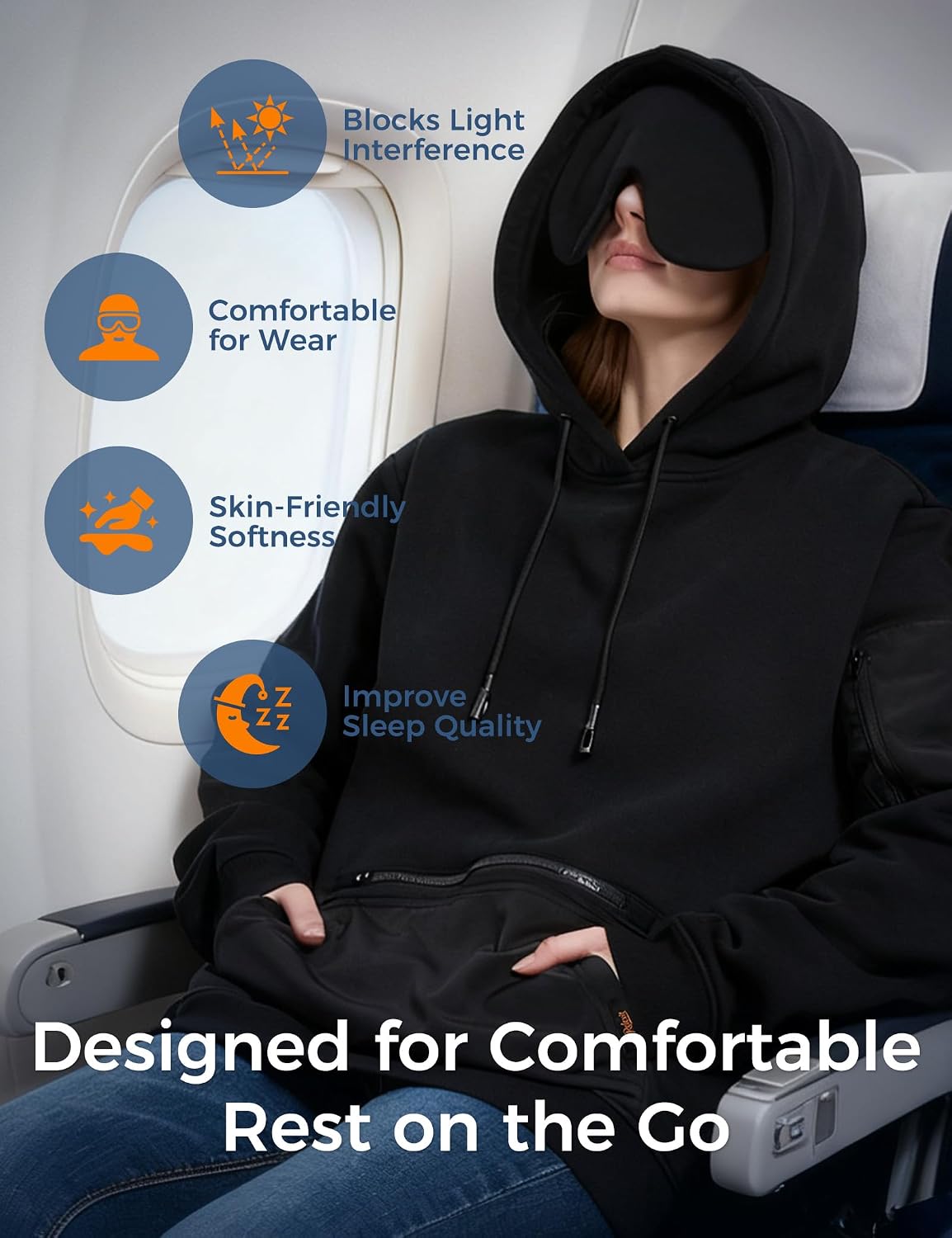 Travel Hoodie with Built-In Eye Mask for Airplane Breathable Comfort Pullover Sweatshirt Multiple Pockets