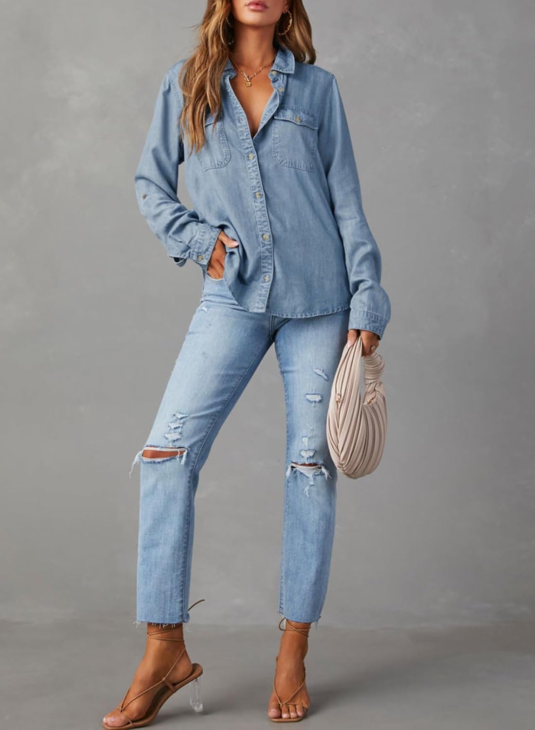 Women's Chambray Button Down Shirt Long Sleeve With Pockets