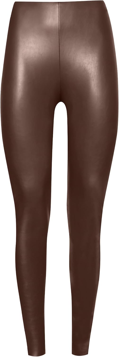 Women's Faux Leather Front Leggings with Mesh Panels (Brown)
