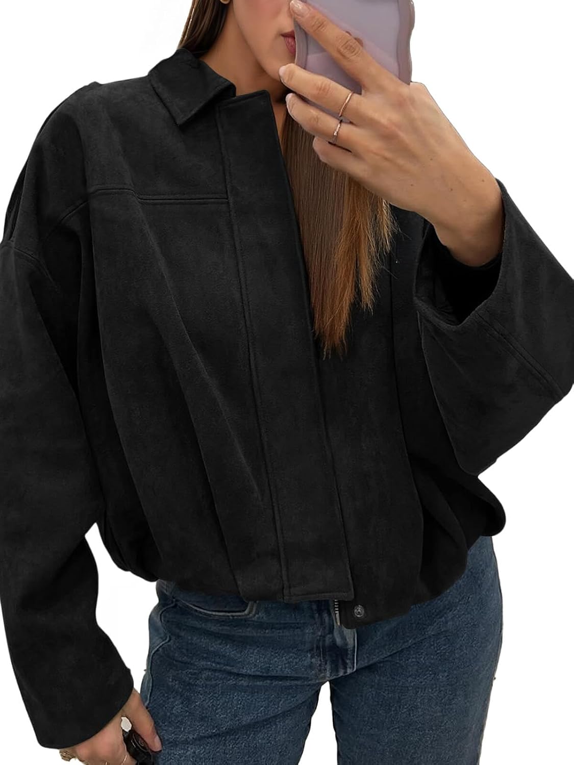 Womens Faux Suede Bomber Jackets Oversized Cropped Zip Up Lapel Coats Fall Casual Outerwears