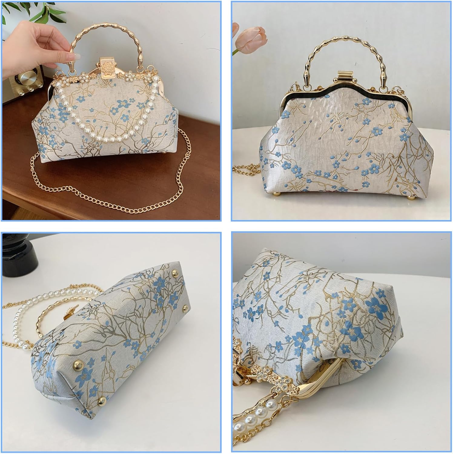 Women's Embroidered Floral Clutch with Pearl Handle and Chain