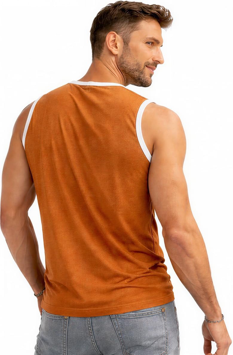 Men's Sleeveless Henley Tank Top Contrast Trim Orange