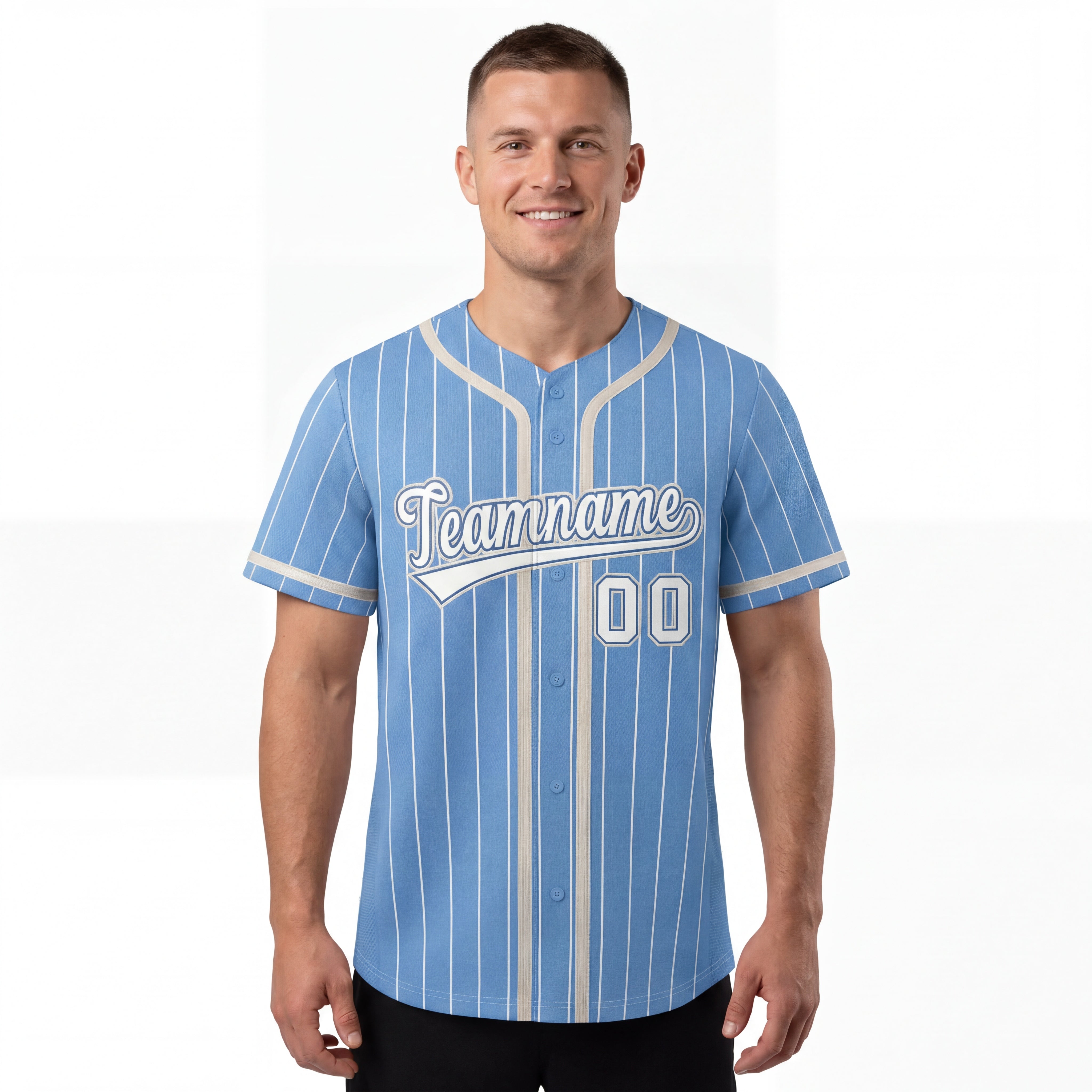 Benutzerdefiniertes, hellblau-weißes Streifen-Modedesign mit durchgehendem Knopf, authentisches Baseball-Trikot für Herren
