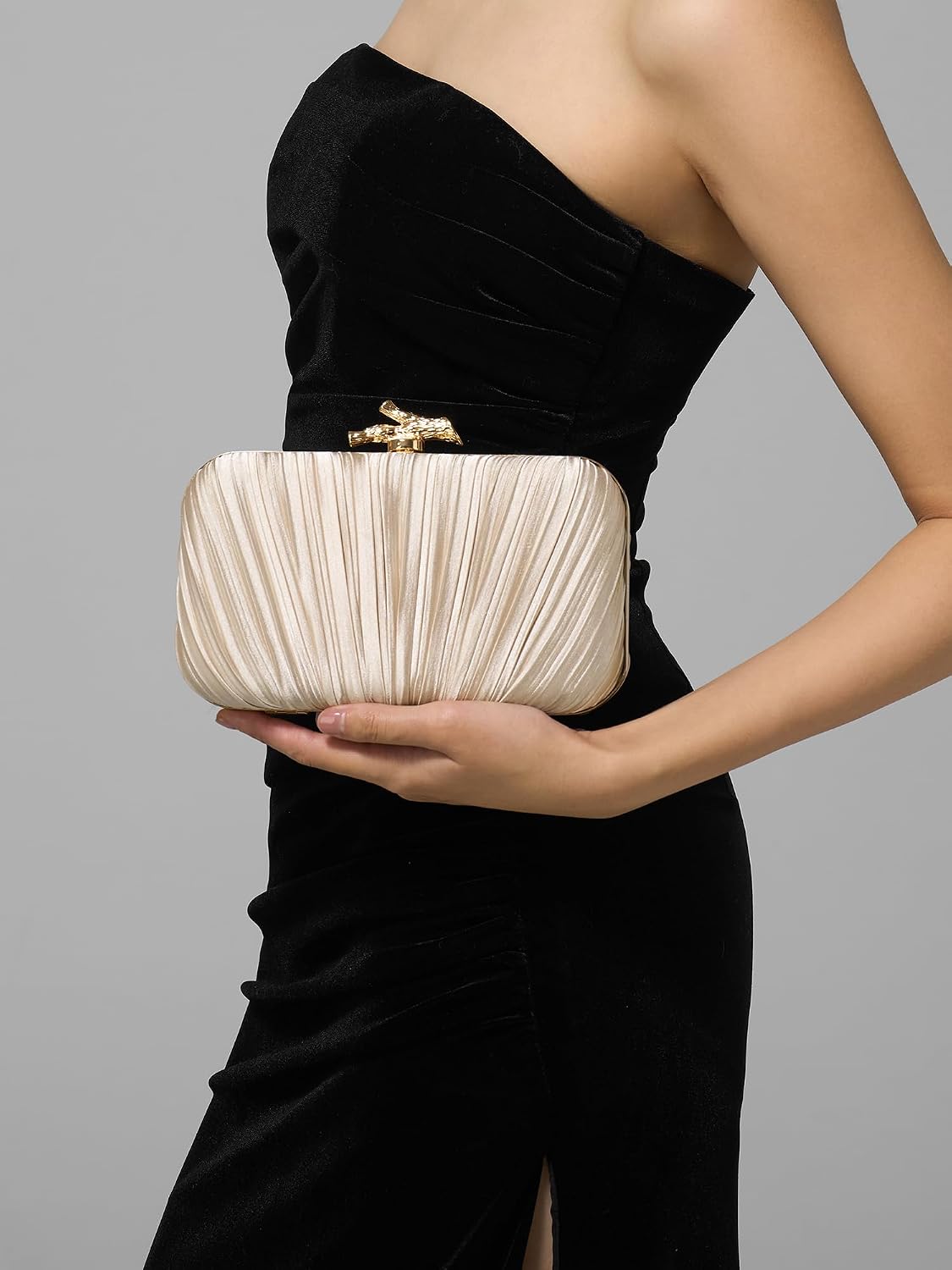 Women's Pleated Satin Clutch Gold Branch Clasp Evening Bag Women's Pleated Satin Clutch Gold Branch Clasp Evening Bag