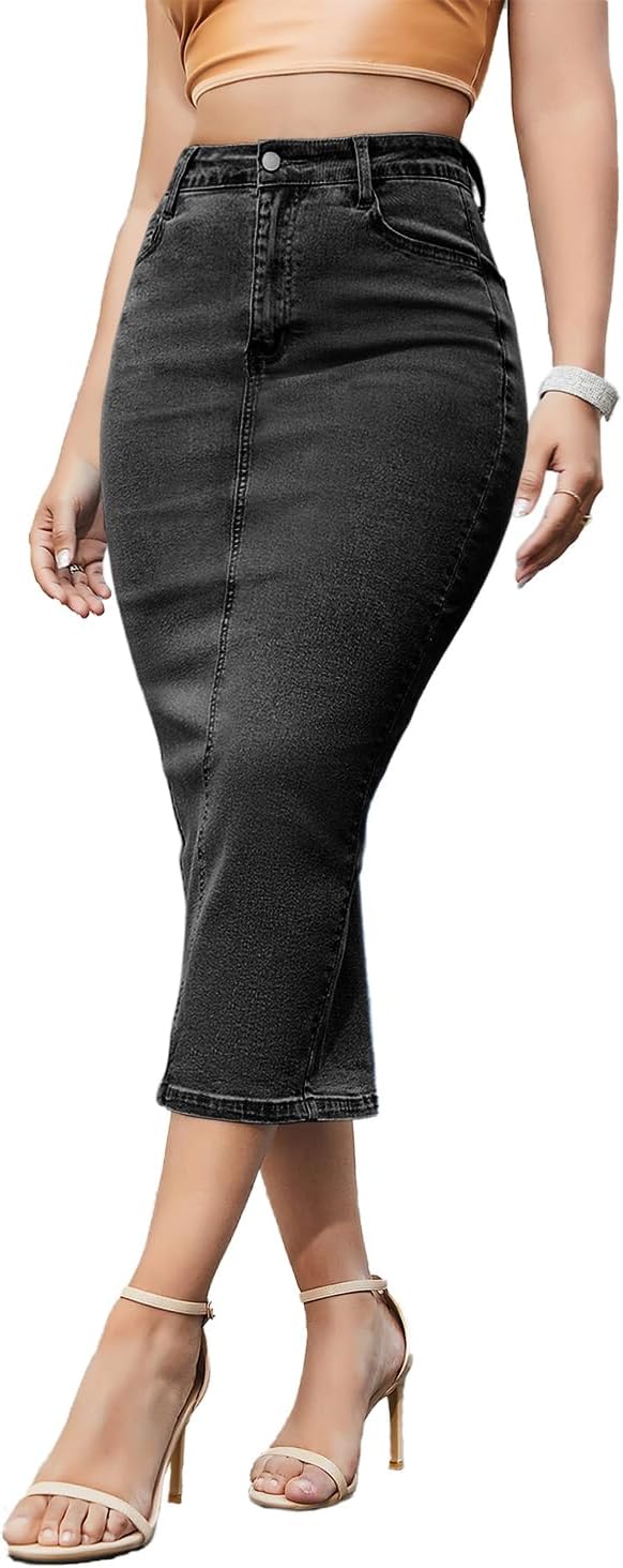 Women's Denim Pencil Midi Skirt Stretch Back Slit Black