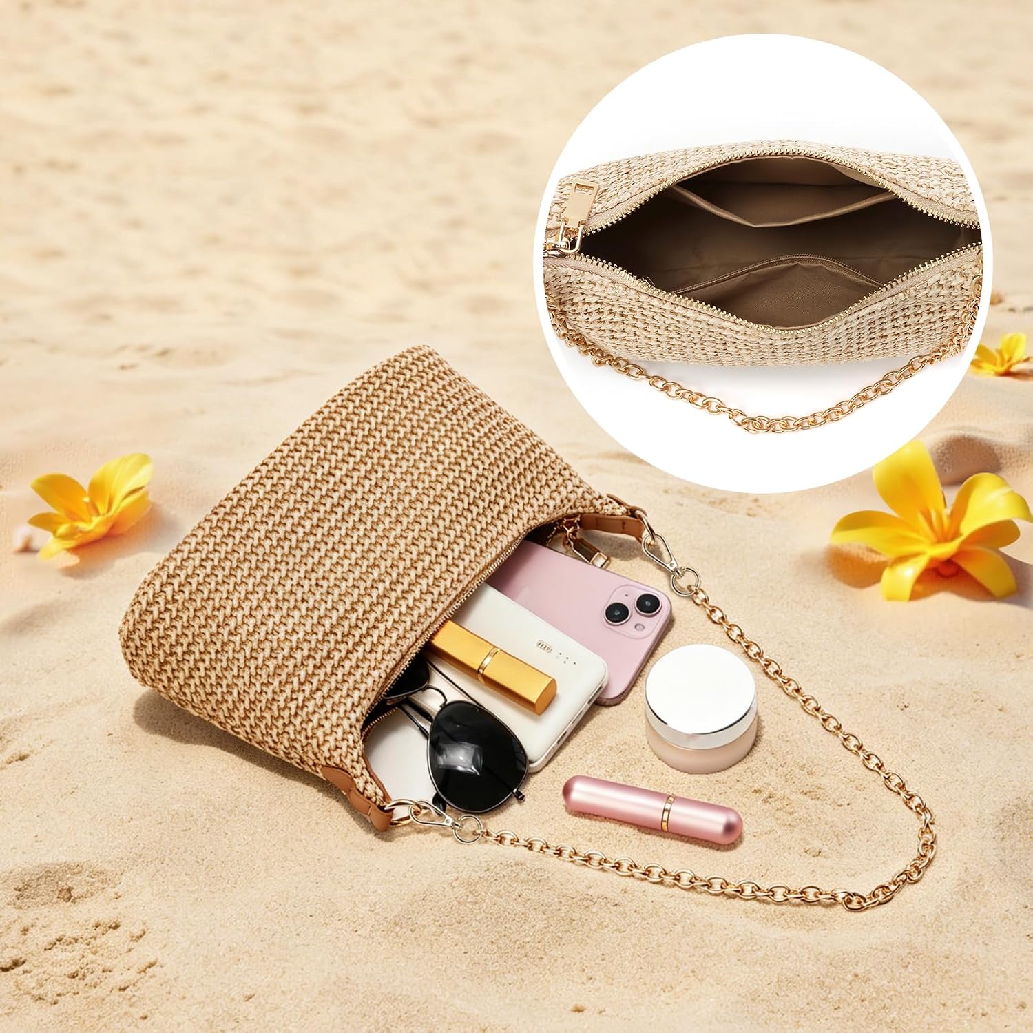 Women's Straw Woven Crossbody Bag with Chain Strap Women's Straw Woven Crossbody Bag with Chain Strap