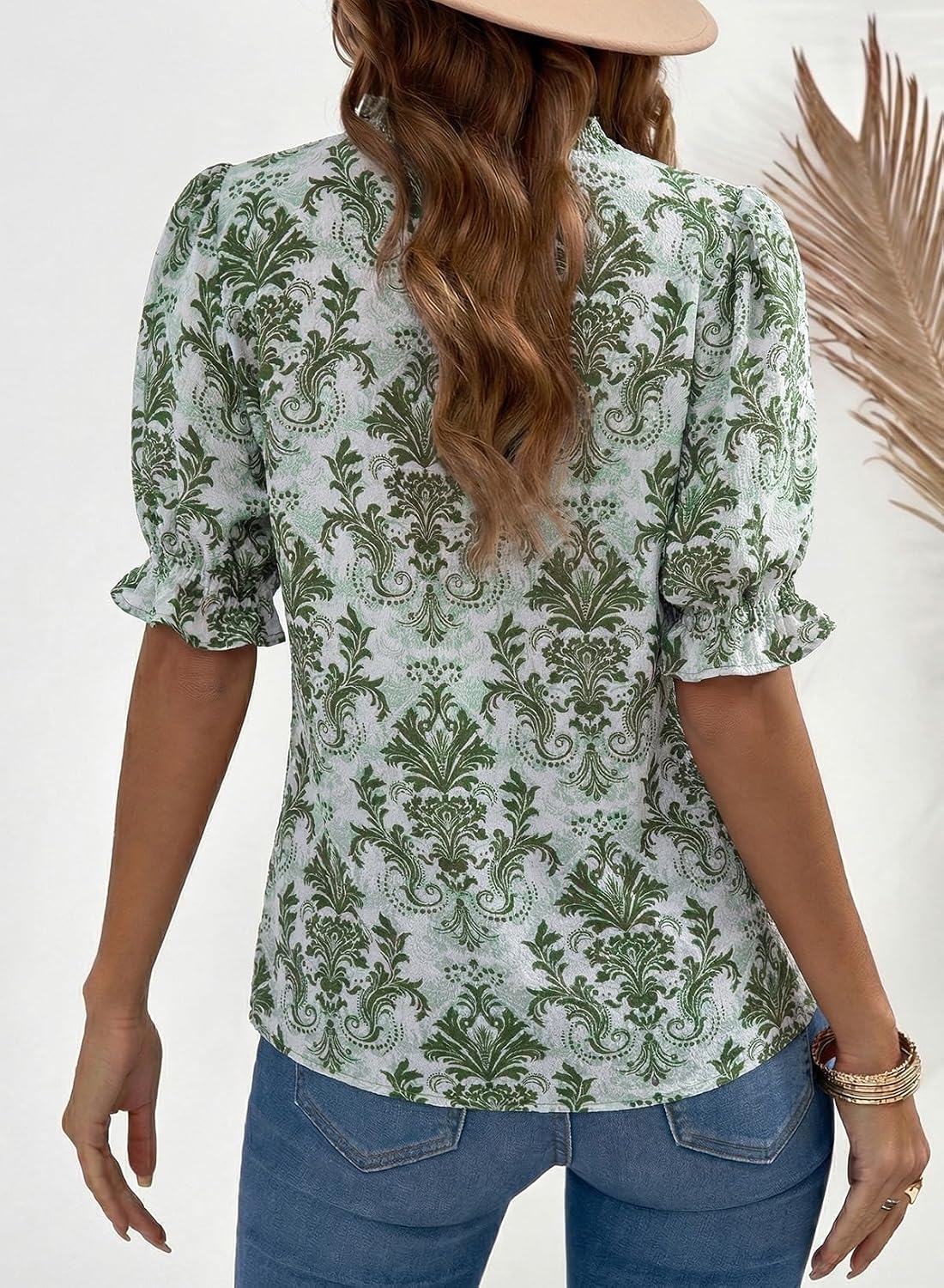 Women's Boho Floral Print Puff Sleeve Blouse Green