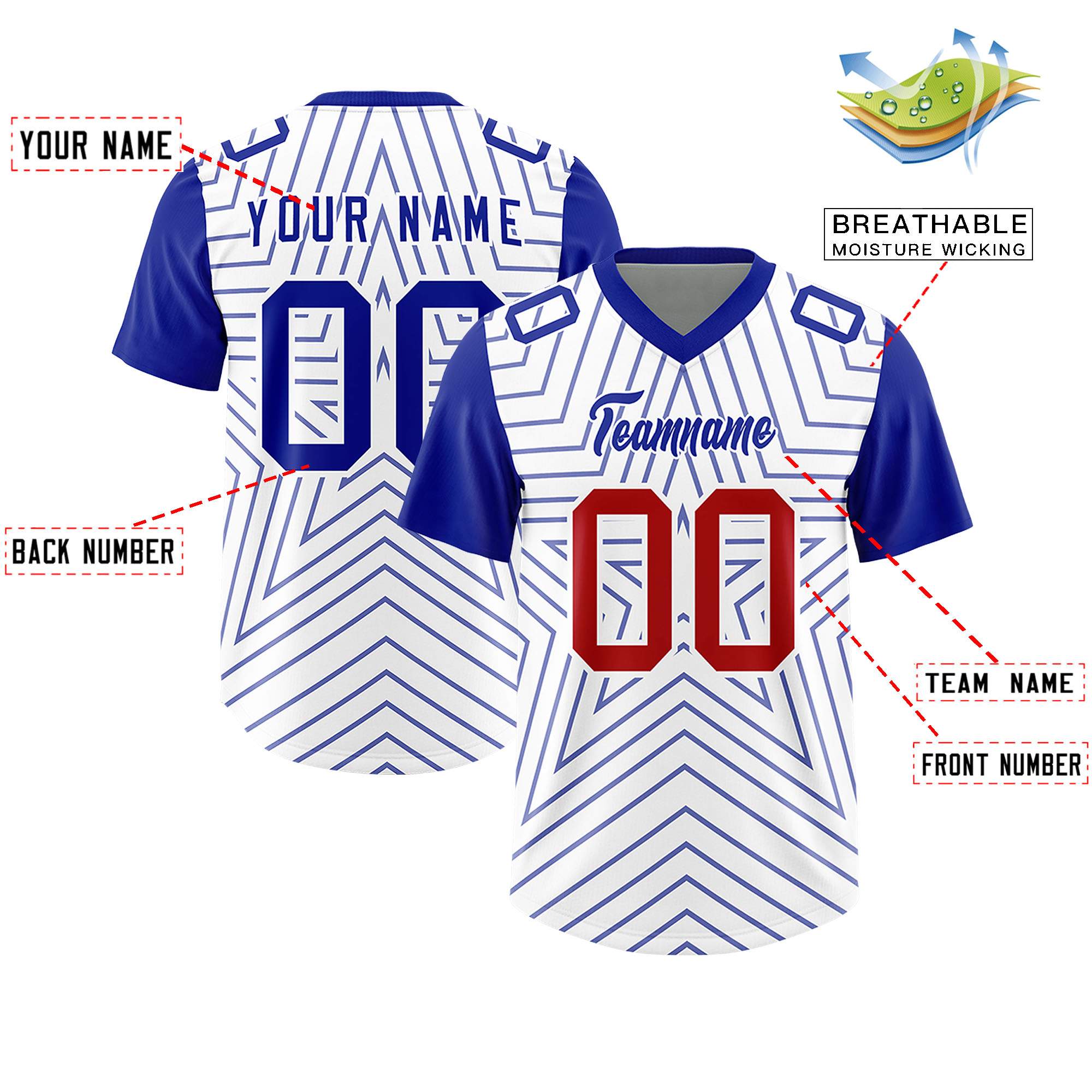 Individuell personalisiertes, authentisches Fußballtrikot mit Raglanärmeln und Sternenmuster
