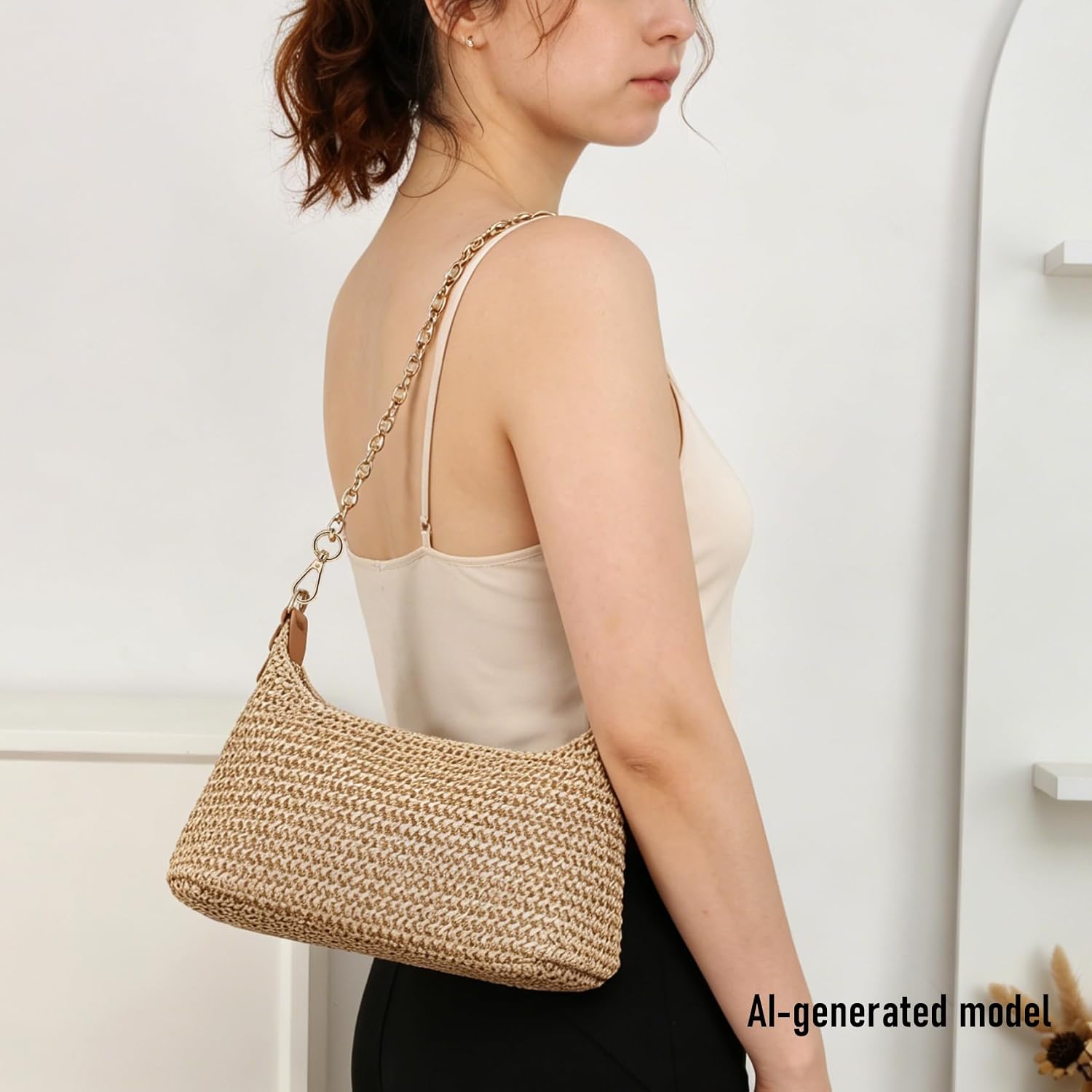 Women's Straw Woven Crossbody Bag with Chain Strap