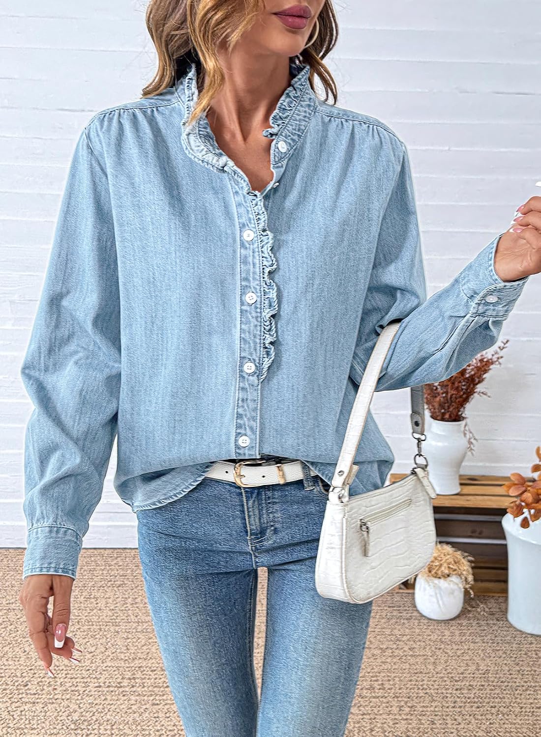 Women's Ruffle Trim Denim Shirt Button Down Long Sleeve