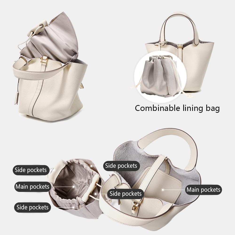 Women's Genuine Leather Bucket Tote Handbag With Lock Beige