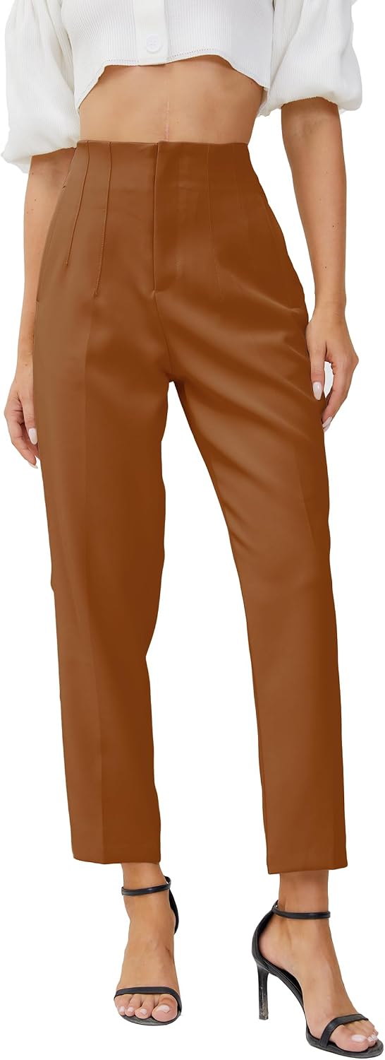 Women's High Waisted Business Trousers Straight Leg Pleated Office Slacks Pants