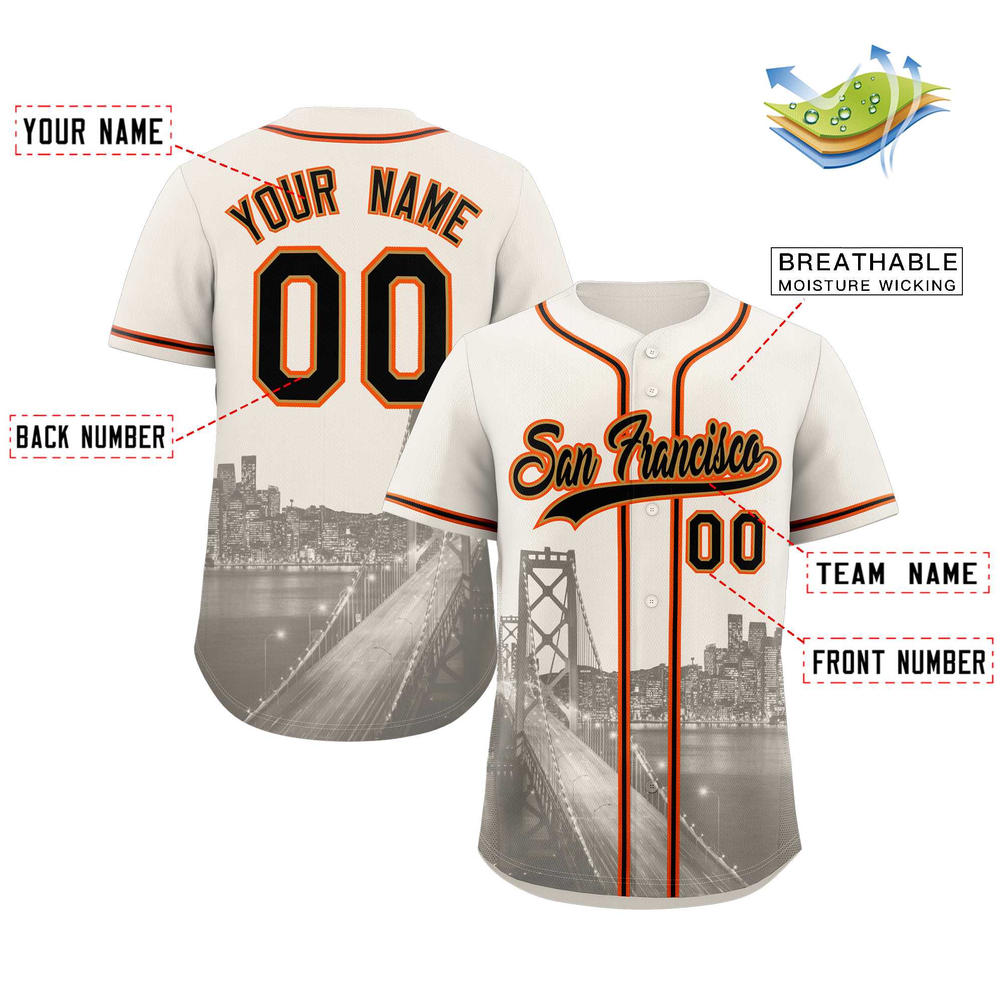 Benutzerdefiniertes schwarz-altgoldenes San Francisco City Skyline Baseball-Trikot