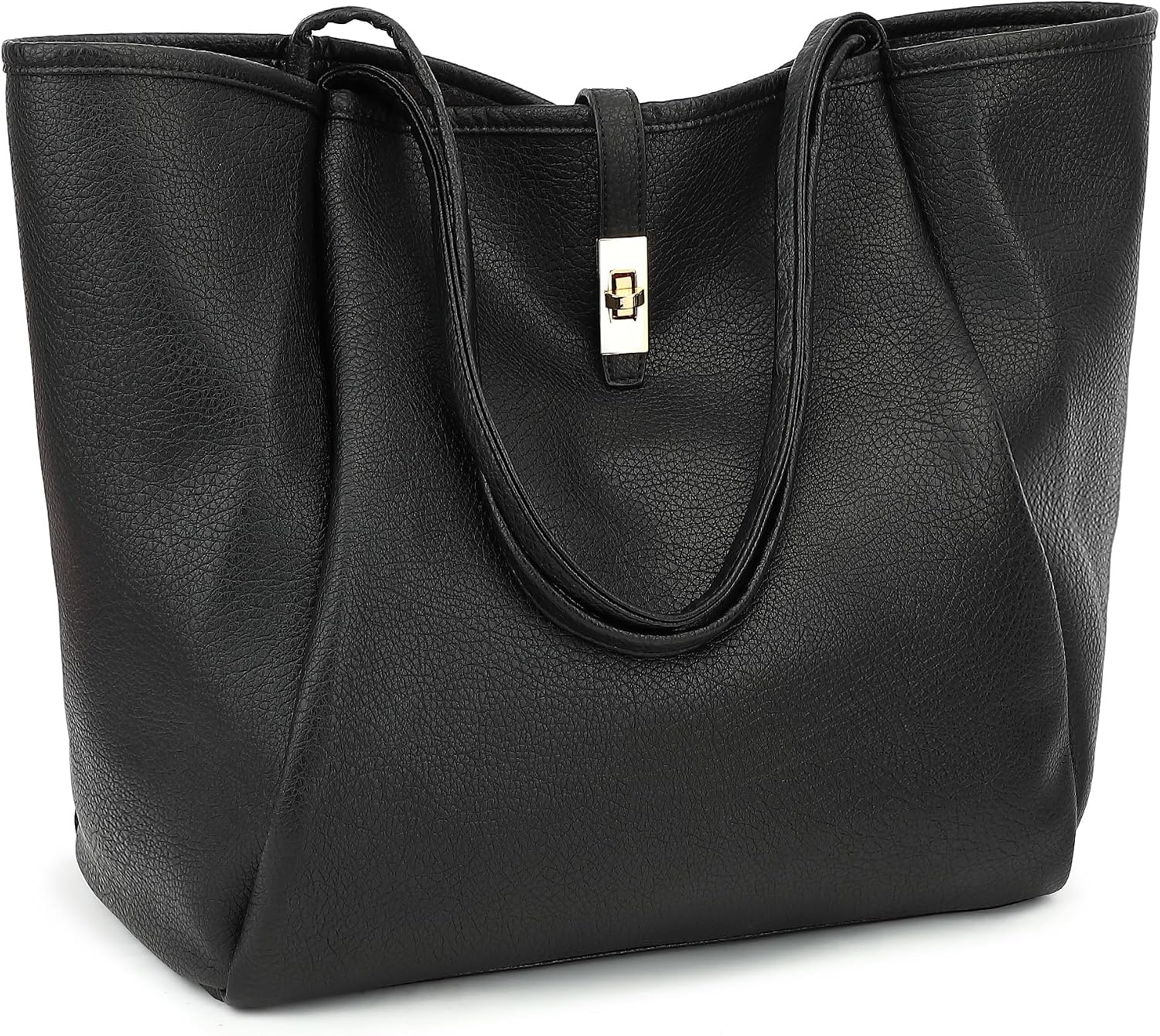 Women's Vegan Leather Turn-Lock Tote Handbag, Black Women's Vegan Leather Turn-Lock Tote Handbag, Black