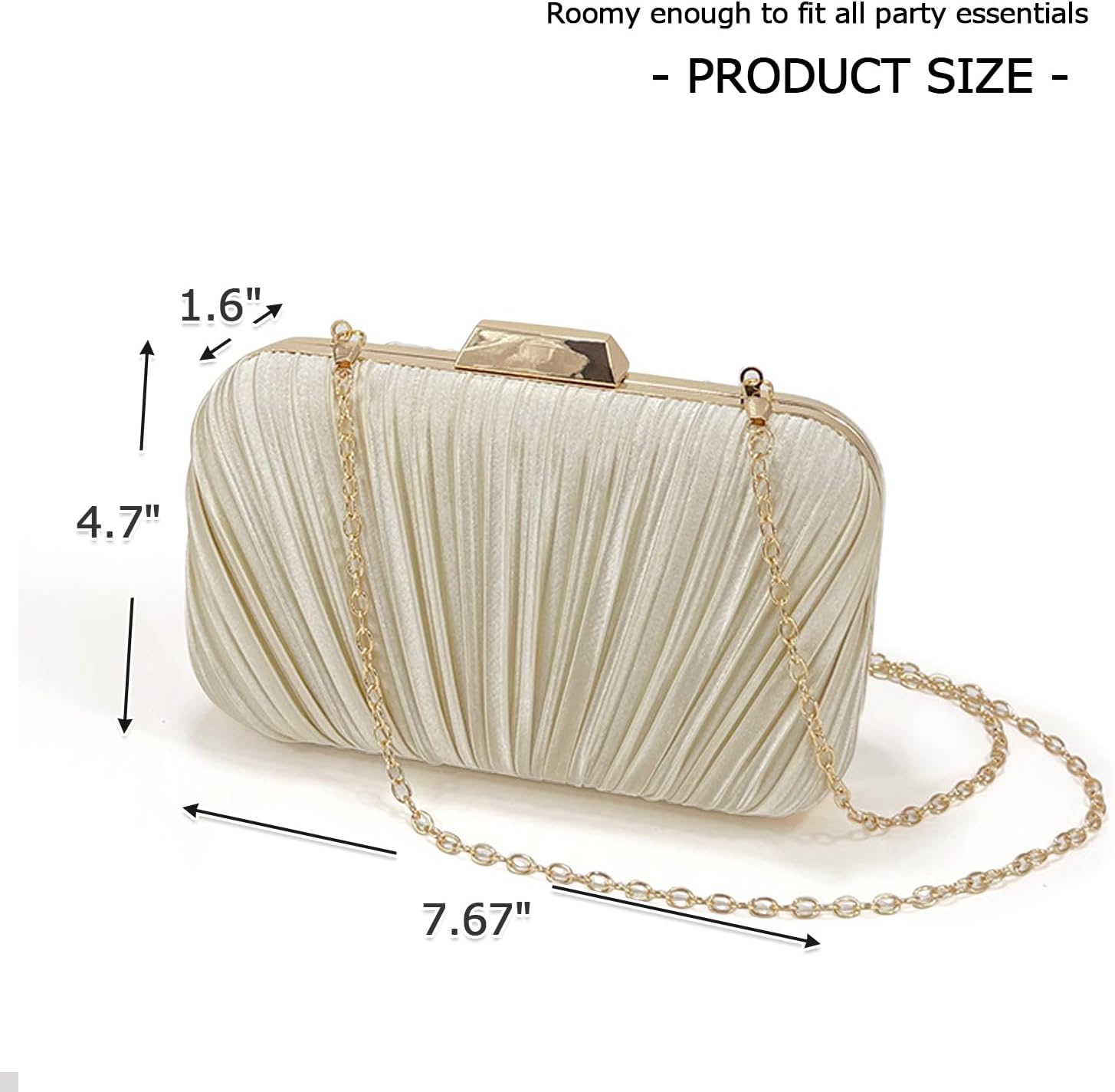 Women's Pleated Satin Clutch Evening Bag with Gold Chain