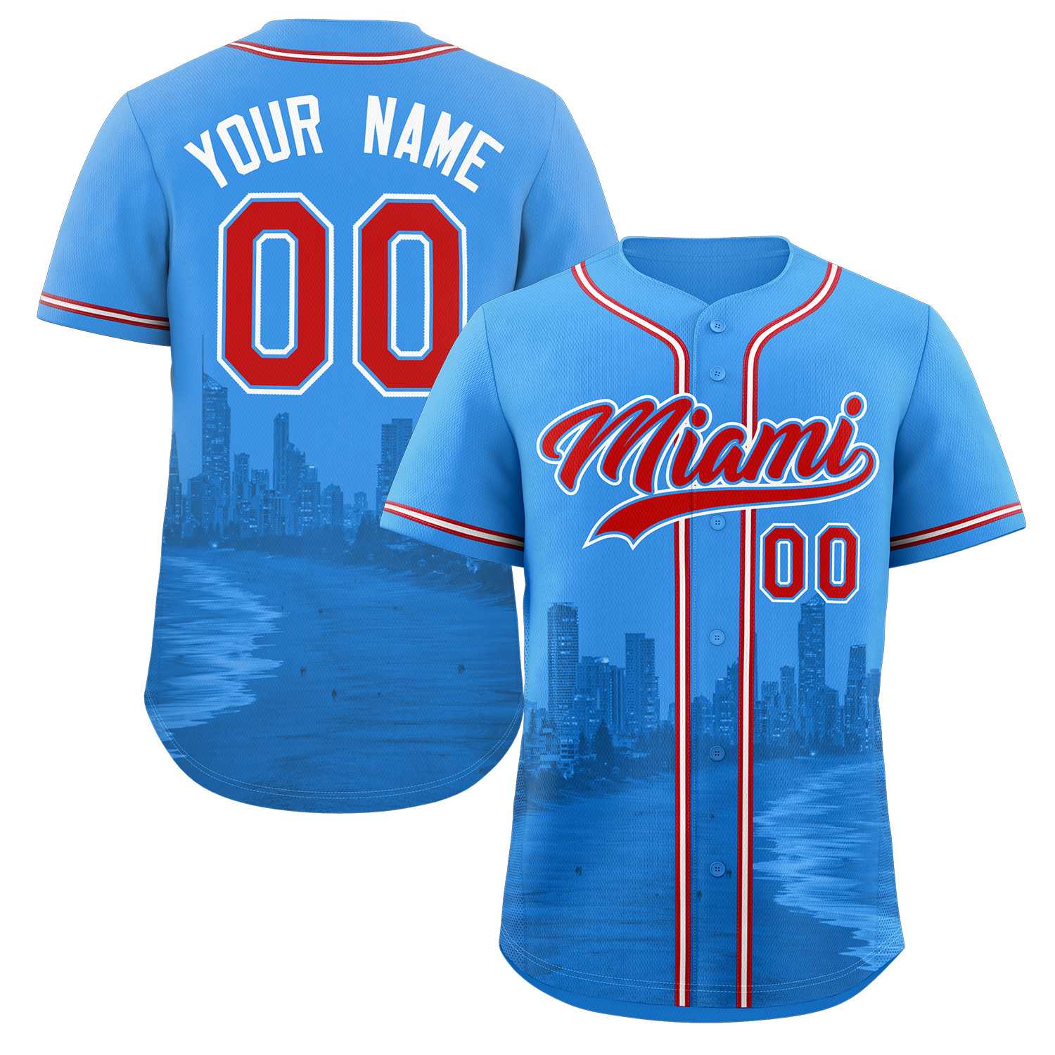 Benutzerdefiniertes rot-puderblaues Miami City Skyline Baseball-Trikot