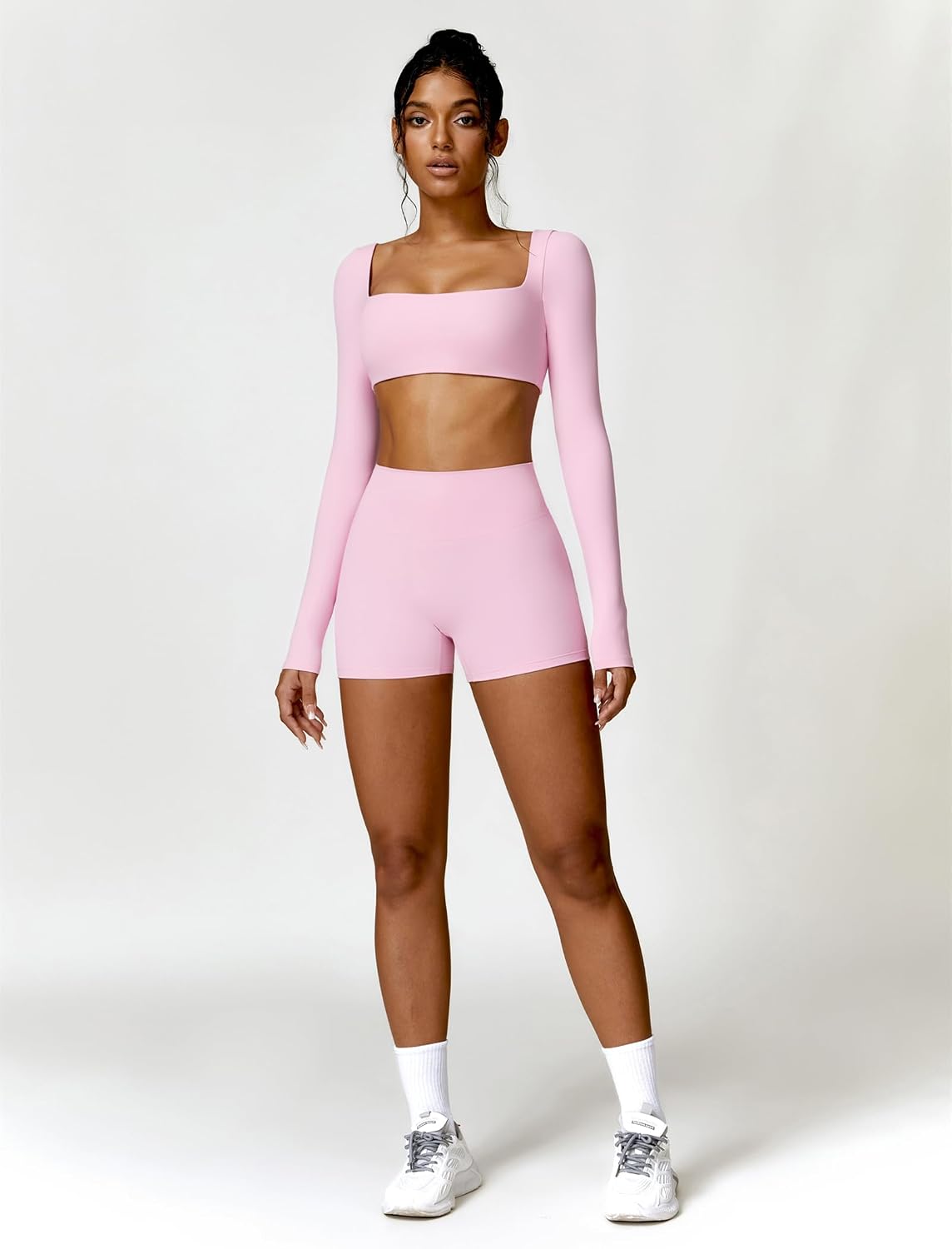 Workout Sets for Women 2 Piece Square Neck Long Sleeve Crop Tops High Waist Biker Shorts Gym Sets