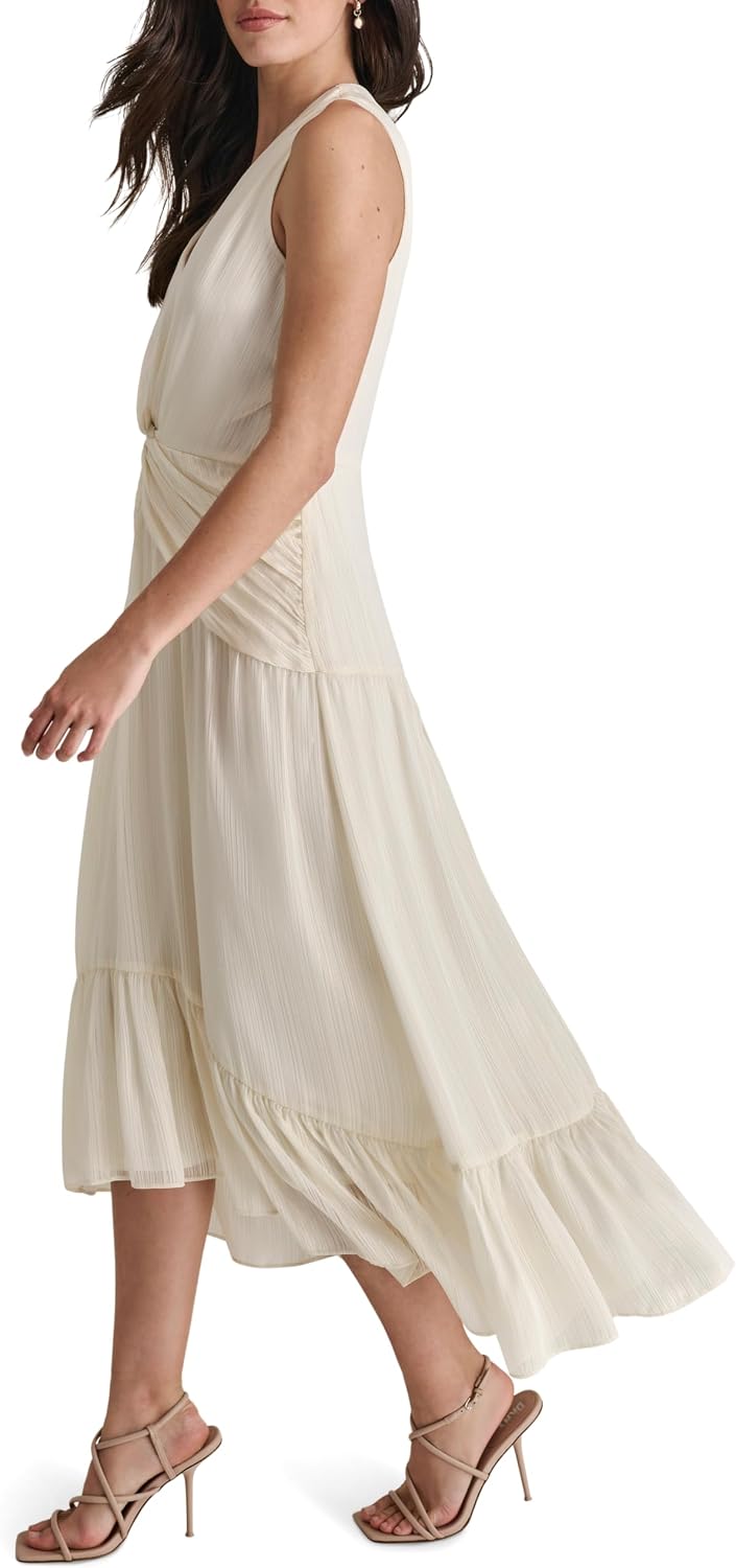 Womens V-Neck Twist Front Sleeveless Dress