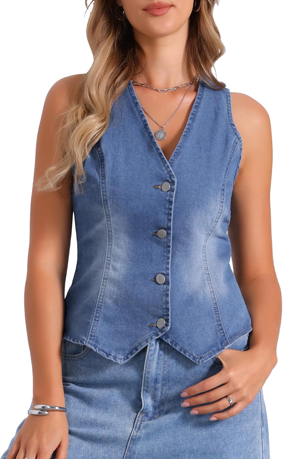 Women's V Neck Denim Vest Button Down Belted Waistcoat