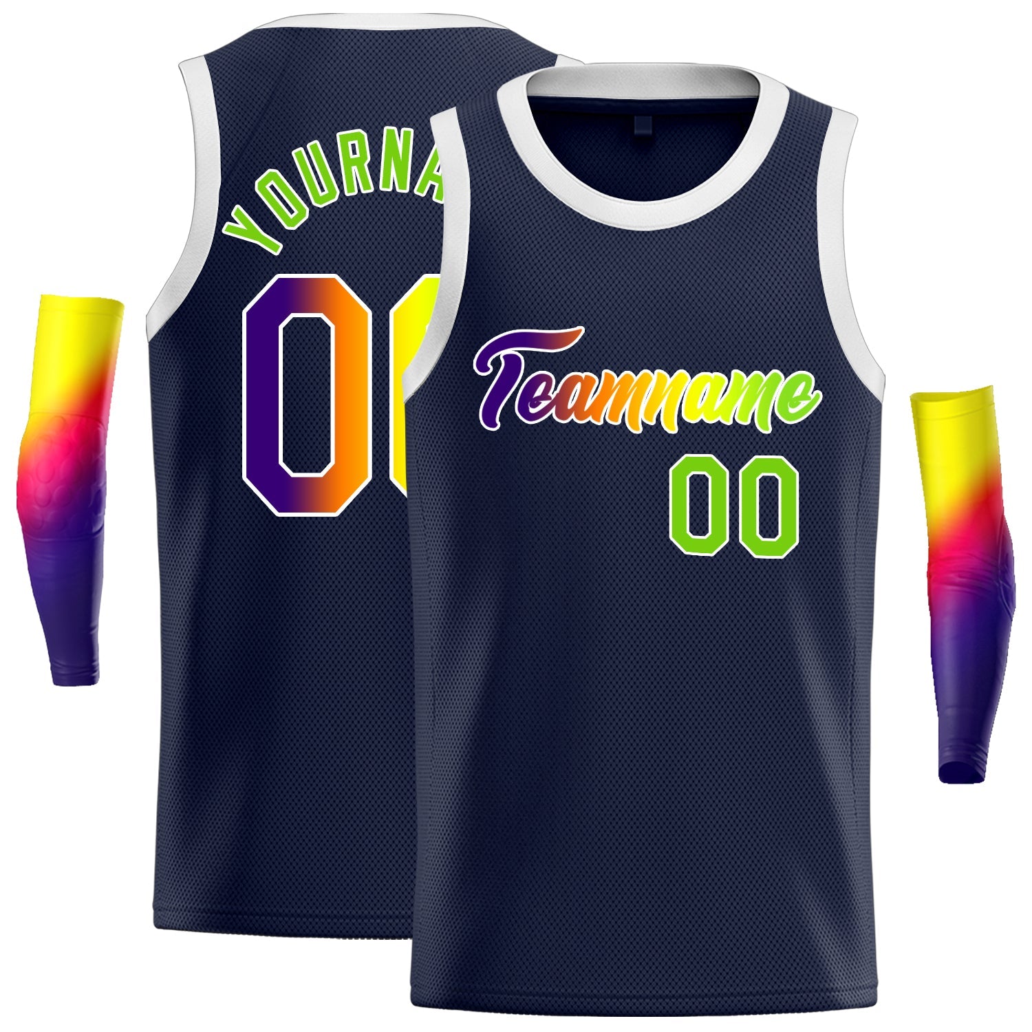 Benutzerdefiniertes Basketballtrikot mit klassischem Oberteil und modischer Weste in Marineblau mit Farbverlauf