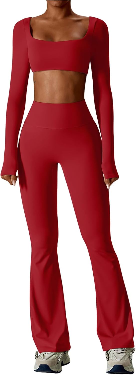 Women's Square Neck Crop Top Flare Leggings Set Red
