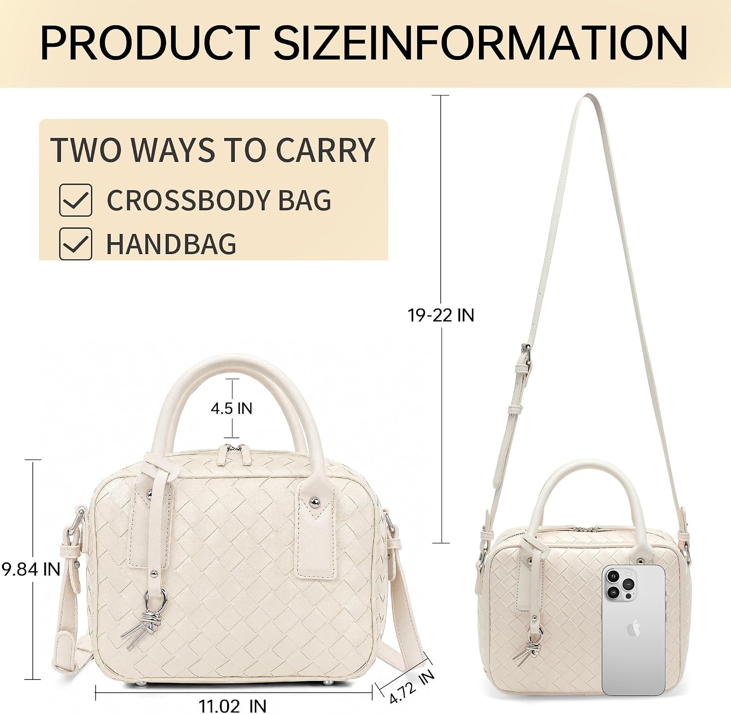Women's Woven Vegan Leather Top-Handle Boston Bag, Cream