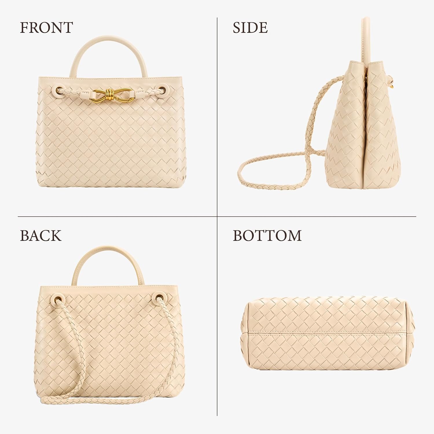 Women's Woven Vegan Leather Top-Handle Bag, Cream