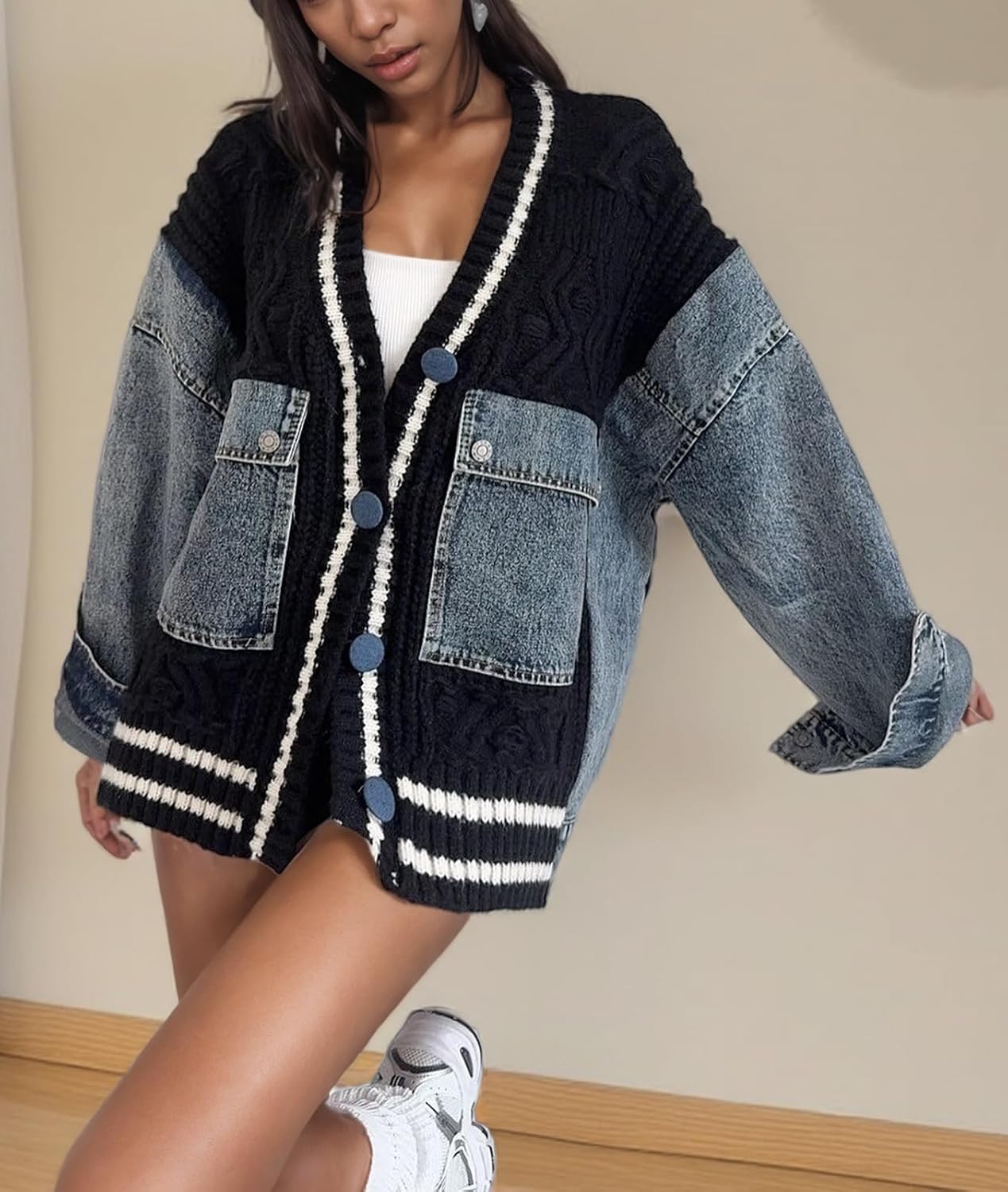 Women Open Front Sweater Cardigan Denim Patchwork Long Sleeve Chunky Knit Button Down Jackets with Pockets