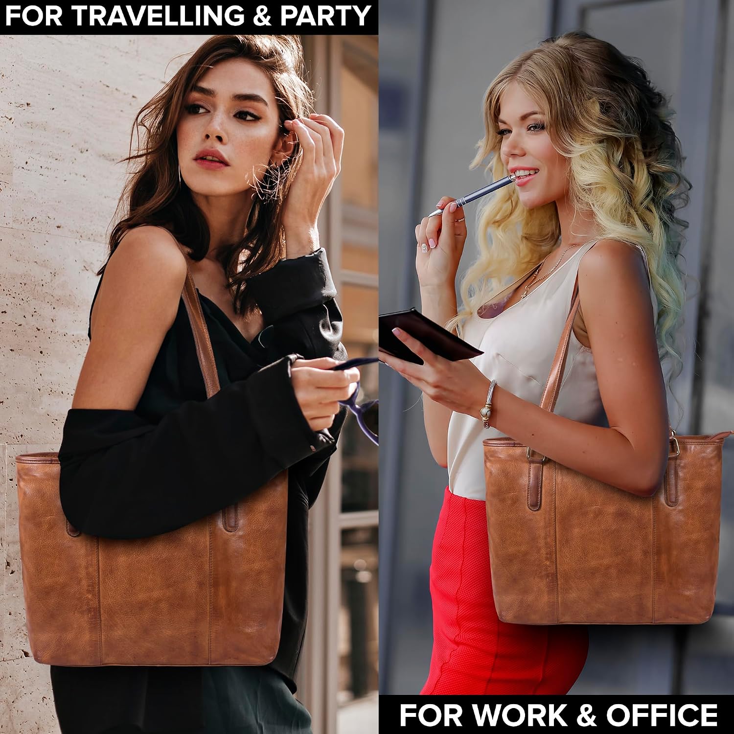 Women's Vegan Leather Tote Bag Brown Zipper