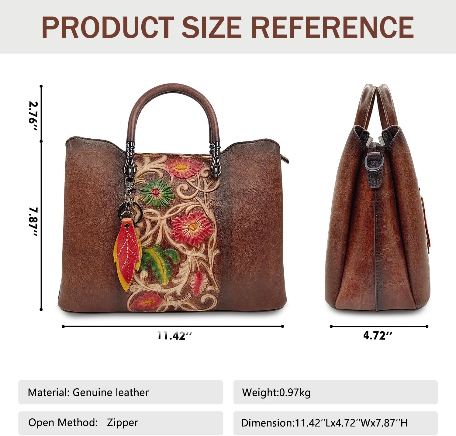 Women's Floral Tooled Leather Top Handle Tote Bag Brown