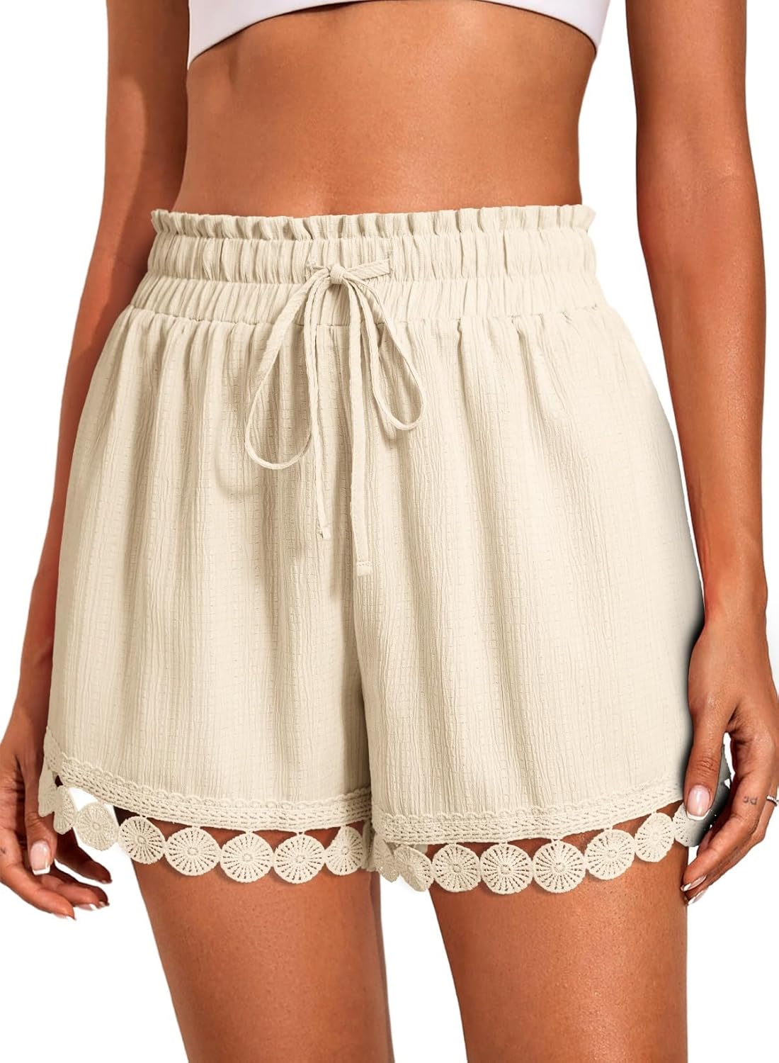 Womens Shorts Summer Casual Elastic Waist Drawstring Lace Boho Beach Cover Up
