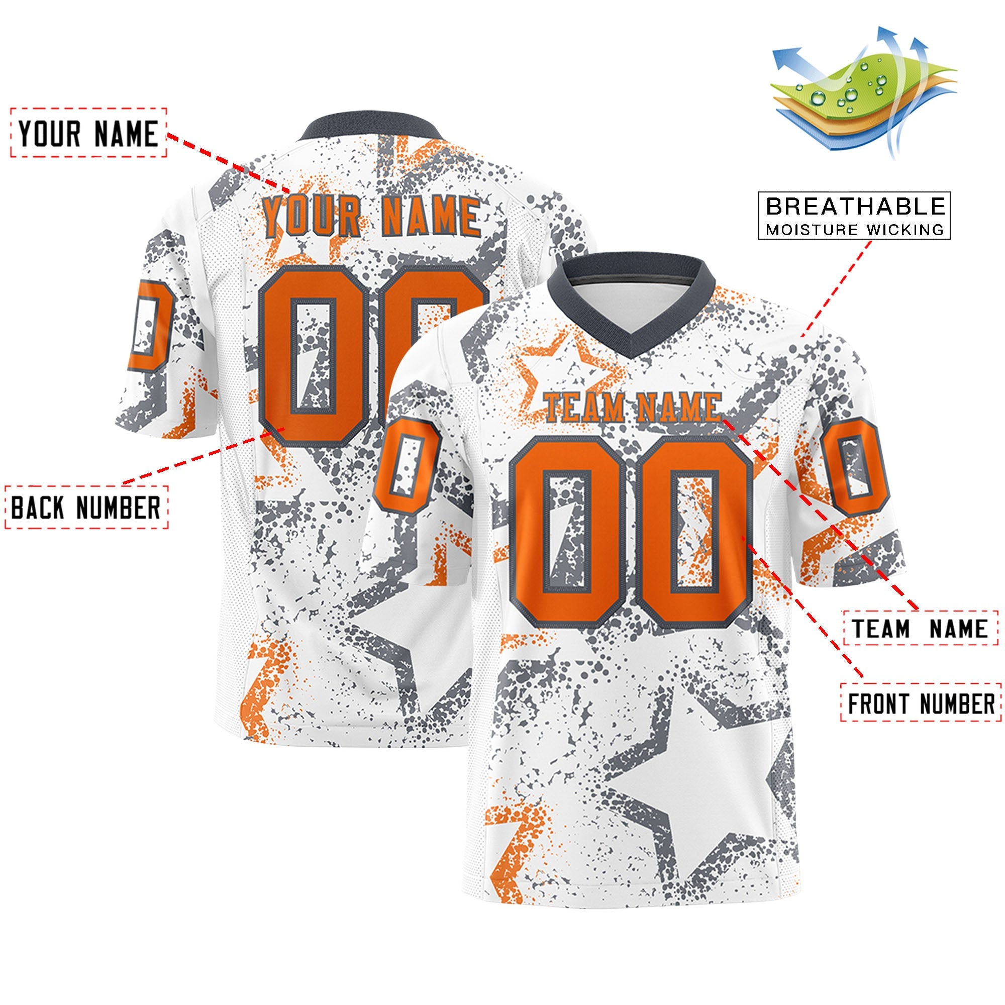 Benutzerdefiniertes, personalisiertes Star-Graffiti-Muster in Weiß, Dunkelgrau und Orange, authentisches Fußballtrikot