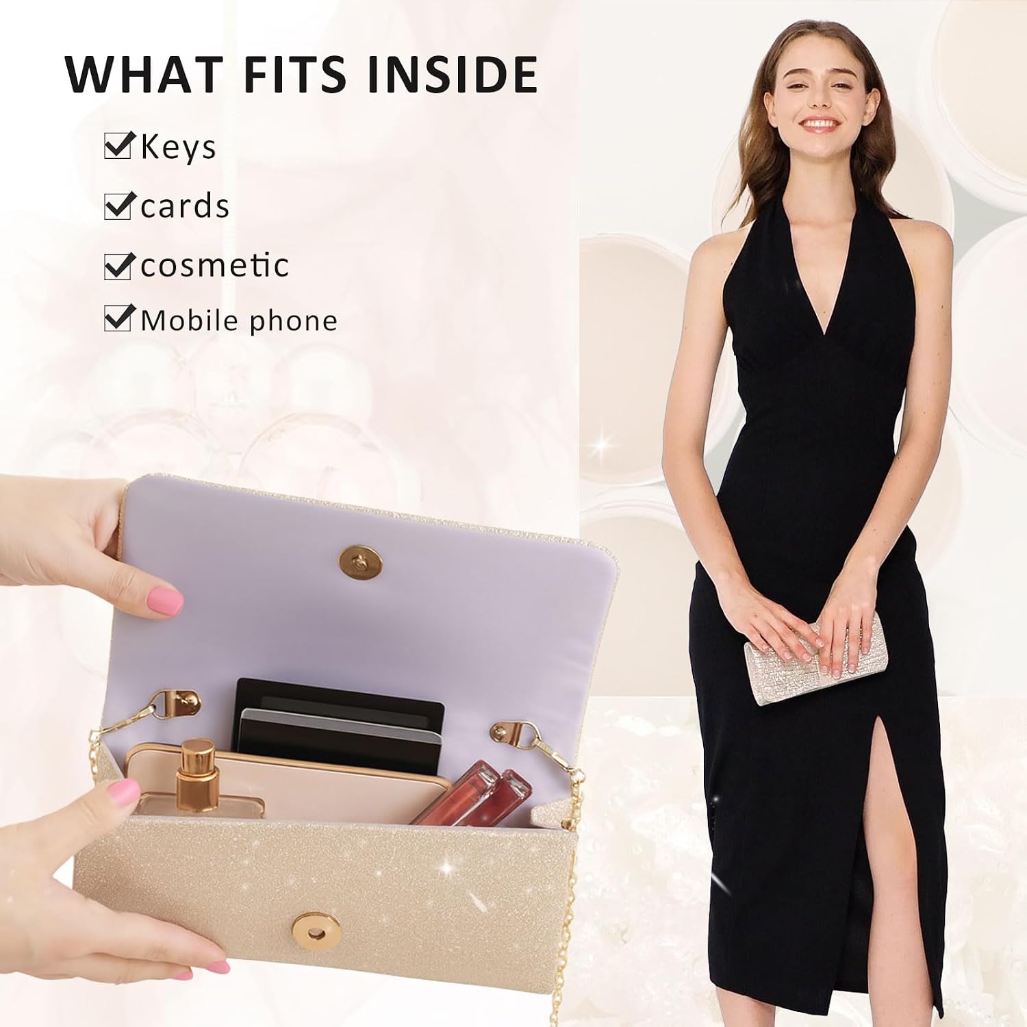 Women's Gold Glitter Envelope Clutch with Bow and Chain
