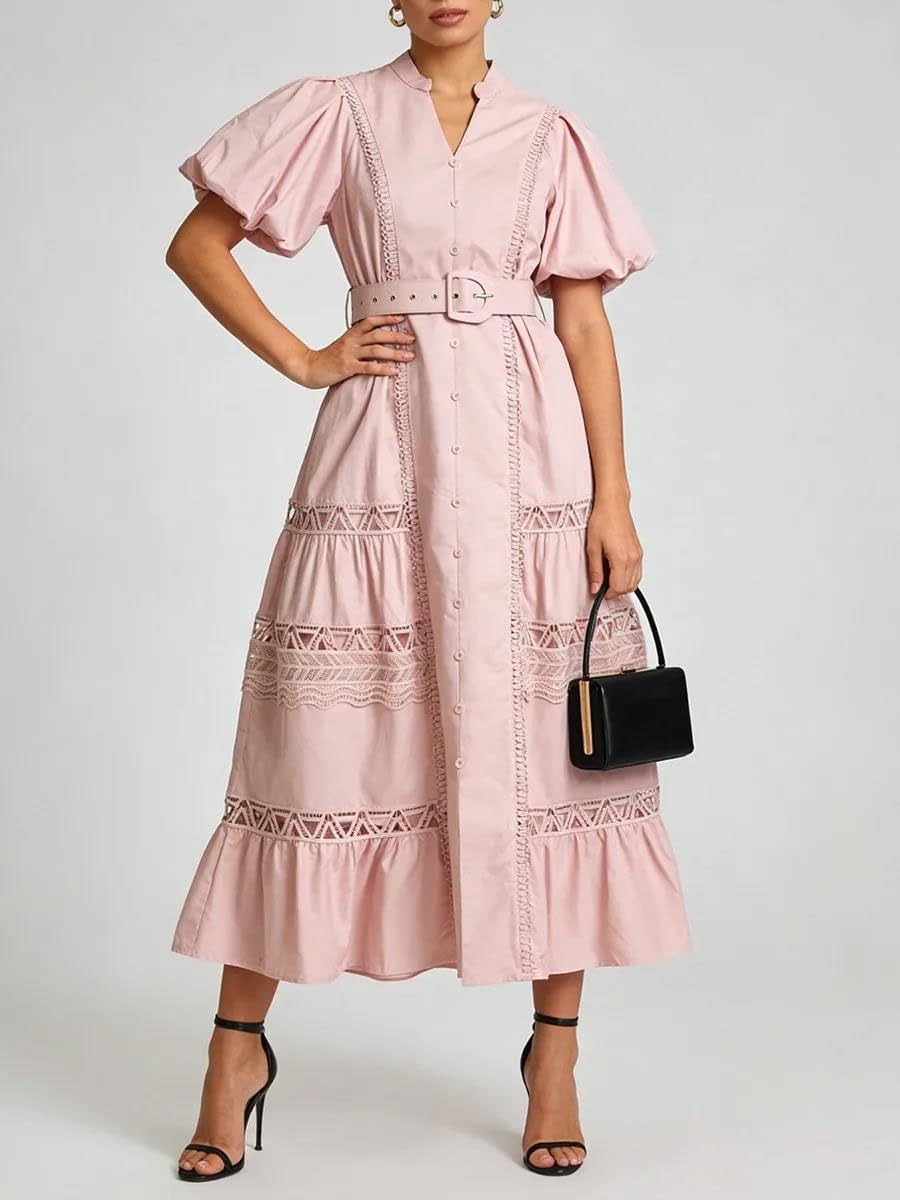 Women's Belted Lace Trim Maxi Dress Puff Sleeve Pink