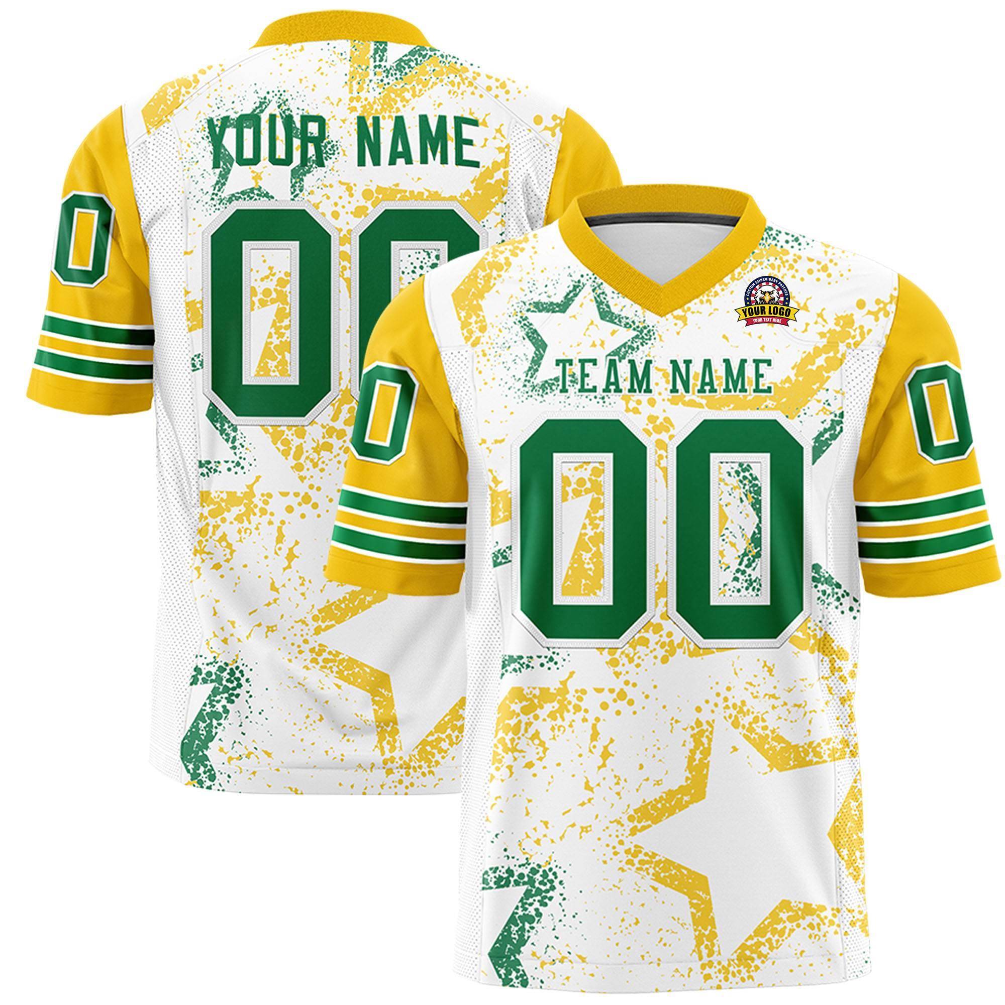 Benutzerdefiniertes Weißgold-Kelly-Grün, personalisiertes Sternmuster-Design, authentisches Fußballtrikot