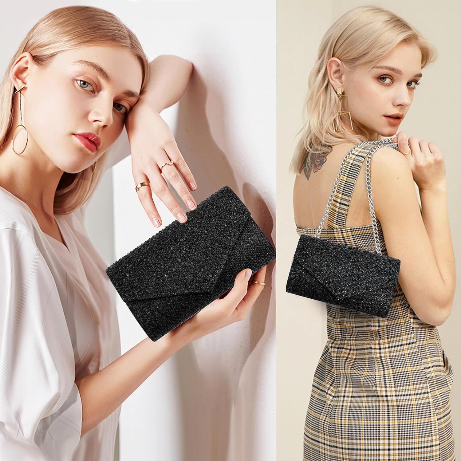 Women's Black Glitter Clutch Rhinestone Envelope Evening Purse Women's Black Glitter Clutch Rhinestone Envelope Evening Purse