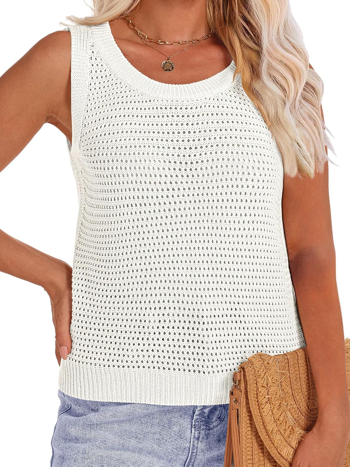 Women's White Open Knit Sweater Tank
